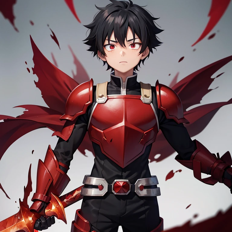 My Hero Academia character, short Black hair, , male, red pupils in eyes and with all blood red color armor, anime art, one character, entire armor one color blood red. Character standing, blood flowing through the air around character, blood sword in hand looking down at the camera.