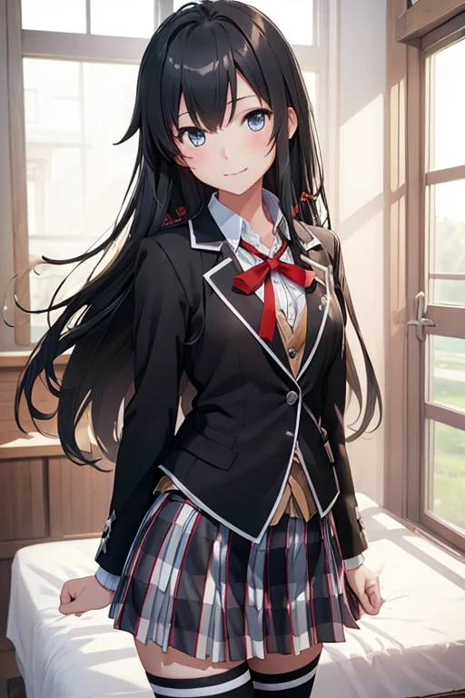 (masterpiece、top-quality: 1.2)、Cowboy Shots、独奏、One girl、Yukinoshita Yukino、A smile、a closed mouth、looking at viewert、student clothes、Black jacket、plaid skirts、Black pantyhose