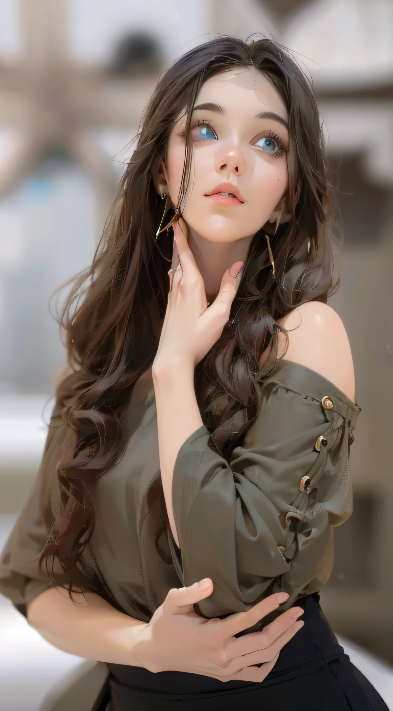 black hair girl, fair glowing skin, blue eyes, perfect contrast, balance light, perfect body, full length body, wearing thin gold necklace and earring, soft lips, highest quality, 8k, close up, ultra detailed image,