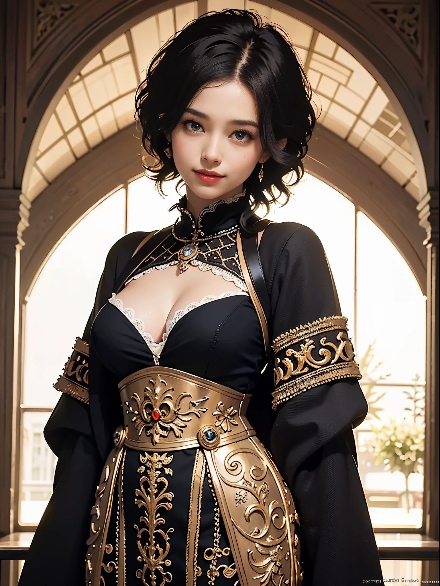 professional photograph, cinematic light, (finerly detailed face:1.2),beautiful detailed eyes,beautiful detailed lips,longeyelashes, narrow waist, slender, smooth skin,radiant skin,vivid colors,soft lighting,portrait photography, (cowboy shot:1.3),Rembrandt lighting, 1 woman,(smiling:1.2), (large breasts:1.2), (looking at viewer:1.2), short bob hair, BREAK (black theme), (antique style:1.4), Long_chic_dress, BREAK (red theme), long_wool_coat, William Morris, Arts and Crafts movement, intricate patterns, nature-inspired designs, wallpaper art, textile creations, British heritage,(pan focus:1.4)