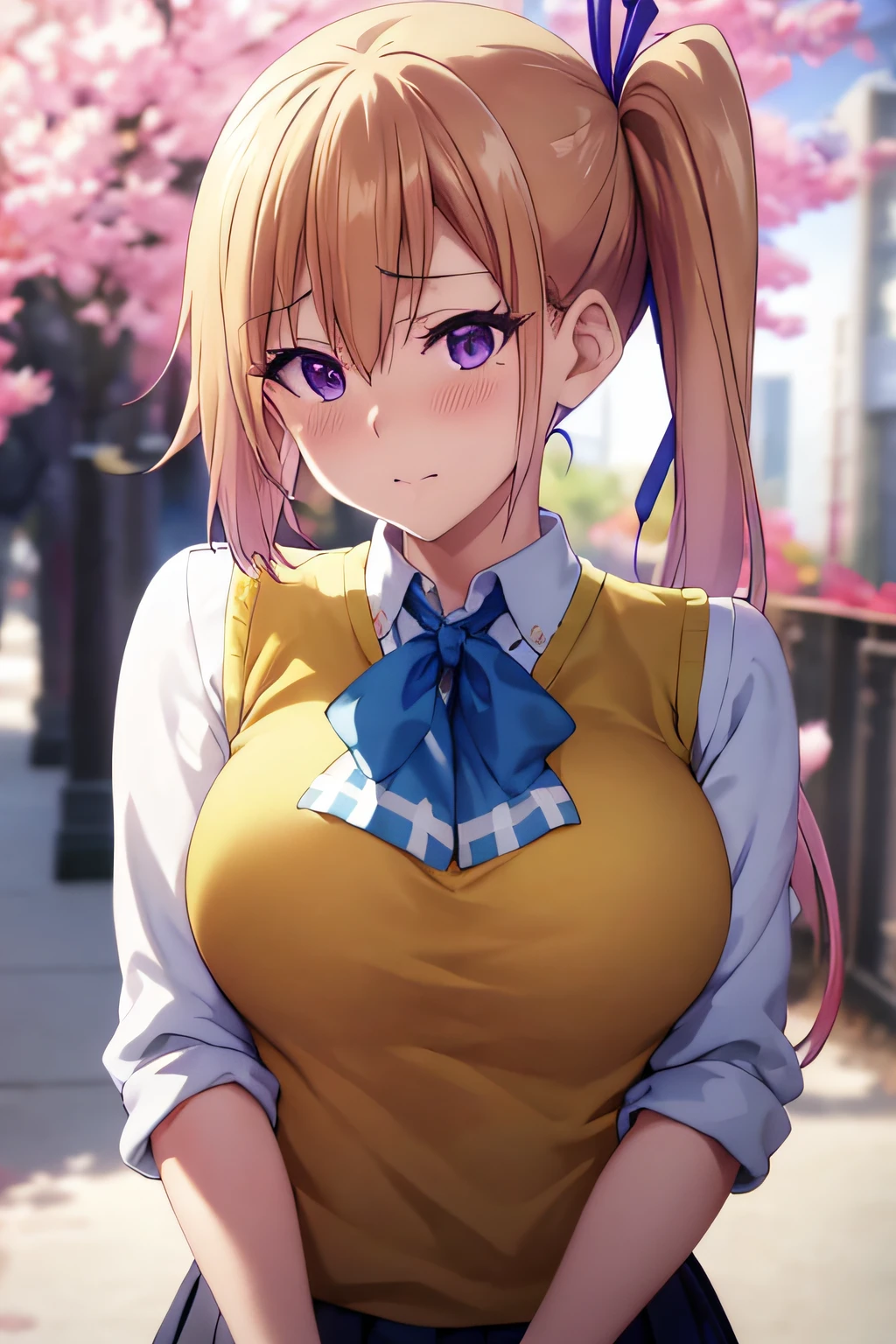 masterpiece, (best quality), 1woman,1girl ,1boy,,kawakami_mai,    blonde hair,  long hair, side ponytail,  purple eyes, sweater vest, school uniform ,   skirt, large breasts,ribbon, hair ribbon, mole under eye,sexy woman, embarrassed,blush,    vibrant colors ,,natural lighting  ,RTX,  , beautiful, (detailed face:1.2), showcase, (perfect eyes:1.1) ,(photorealistic:1.1), 8k uhd,  looking at viewer, outdoors,  simple backround