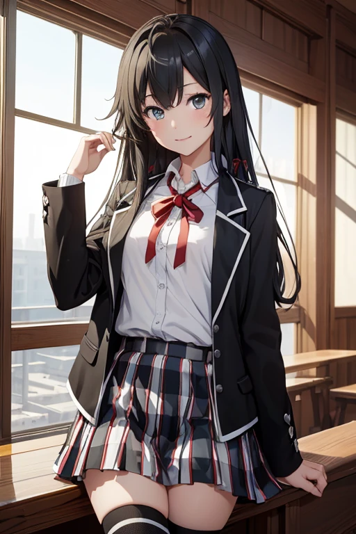 (​masterpiece、top-quality: 1.2)、Cowboy Shots、独奏、One girl、Yukinoshita Yukino、A smile、a closed mouth、looking at viewert、student clothes、Black jacket、plaid skirts、Black pantyhose