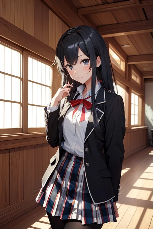 (​masterpiece、top-quality: 1.2)、Cowboy Shots、独奏、One girl、Yukinoshita Yukino、A smile、a closed mouth、looking at viewert、student clothes、Black jacket、plaid skirts、Black pantyhose