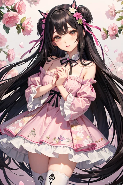 Her hair is flowers, intricate detailes, An ultra-fine illustrations, Beautifully painted, Whole body, Girls Front, curled false eyelashes, clear eyes、Head tilt, neat figure, 1 girl, Young girls, Black Long Straight, Parted bangs, Beautiful and detailed rune tails, Detailed black hair, Cute anime face, embarrassed, lovely big eyes, Perfect hands, flat chest, zettai ryouiki, Brown-eyed, Hair and clothes are flowers, Neck ribbon, Beautiful detailed flowers, Dress with flowers, knee boots, Floral print cloth,frilld, Pink clothes,, Flying butterfly, hyper quality, Wallpaper 8k CG, best qualtiy,)