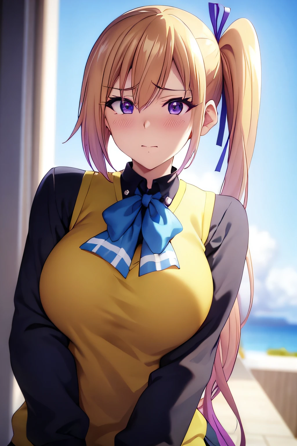 masterpiece, (best quality), 1woman,1girl ,1boy,,kawakami_mai, blonde hair, long hair, side ponytail, purple eyes, sweater vest, school uniform , skirt, large breasts,ribbon, hair ribbon, mole under eye,sexy woman, embarrassed,blush, vibrant colors ,,natural lighting ,RTX, , beautiful, (detailed face:1.2), showcase, (perfect eyes:1.1) ,(photorealistic:1.1), 8k uhd, looking at viewer, outdoors, simple backround