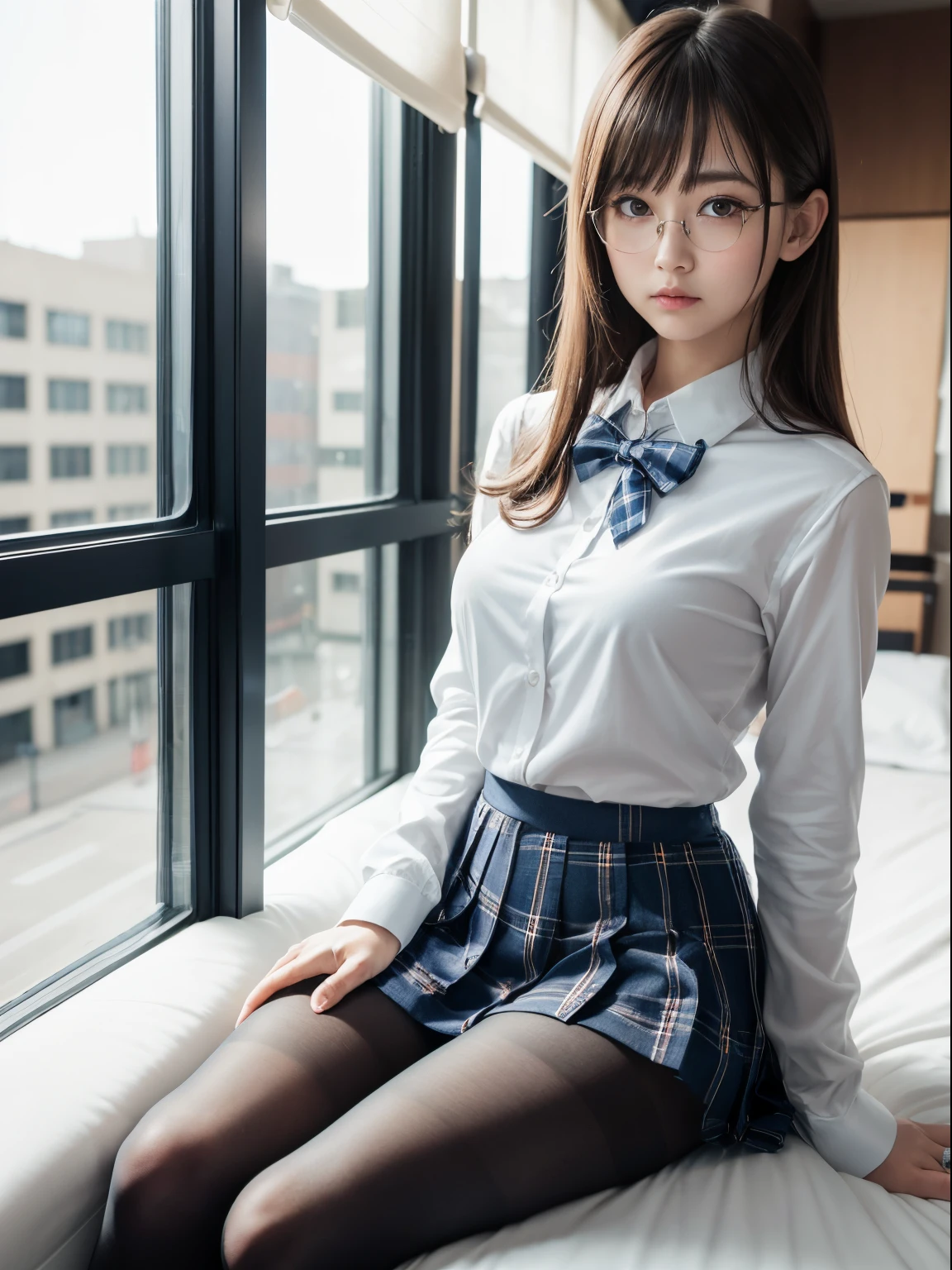 (Underwear is visible)、((Narrow-eyed))、((Narrow-eyed))、((Narrow-eyed))、(8K、Raw photography、top-quality、masterpiece:1.2),、Has a small、(flat breast)、(flat breast)、(flat breast)、(flat breast)、(flat breast)、(being thin)、light skinned、skin whitening、Dark look、Rasping,glamor,Chromo-white skin,cocky,School,watching at viewers,Looking at the front,Muchimuchi,High-pitched clothing,Erotic,Pupils,de pele branca,kne,((Black pantyhose)),absurderes,a small face,,Forehead visible,Bangs hanging from the left and right sides of the forehead,(a cold expression,Tight eyes,glares,Bullish,irate)、masterpiece,top-quality、超A high resolution,Raw photo,ren,Beautiful fece,One Person, 独奏,eye glass,,Dark look,Small breasts,fullllbody,Round glasses,JK school uniform,hi-school girl,A Japanese Lady,is standing,(Photorealsitic:1.37)、Photon mapping,Realistic、Beautie,Cute little face,Brown-eyed、Black socks、(Red bow tie)、Radio City、Physically Based Rendering、depth of fields、Blurry background、a picture,Body,beauty legs, Long legs, Thin leg,(Bangs are visible), hair, s lips, Blue_The eye, nosesoft,(Light blue shirt), (Navy and blue and white plaid pleated skirt), Knees are visible,Sheer clothing,, Thigh, Black cotton socks,Nogizaka Idol, 女優, Japanese ido