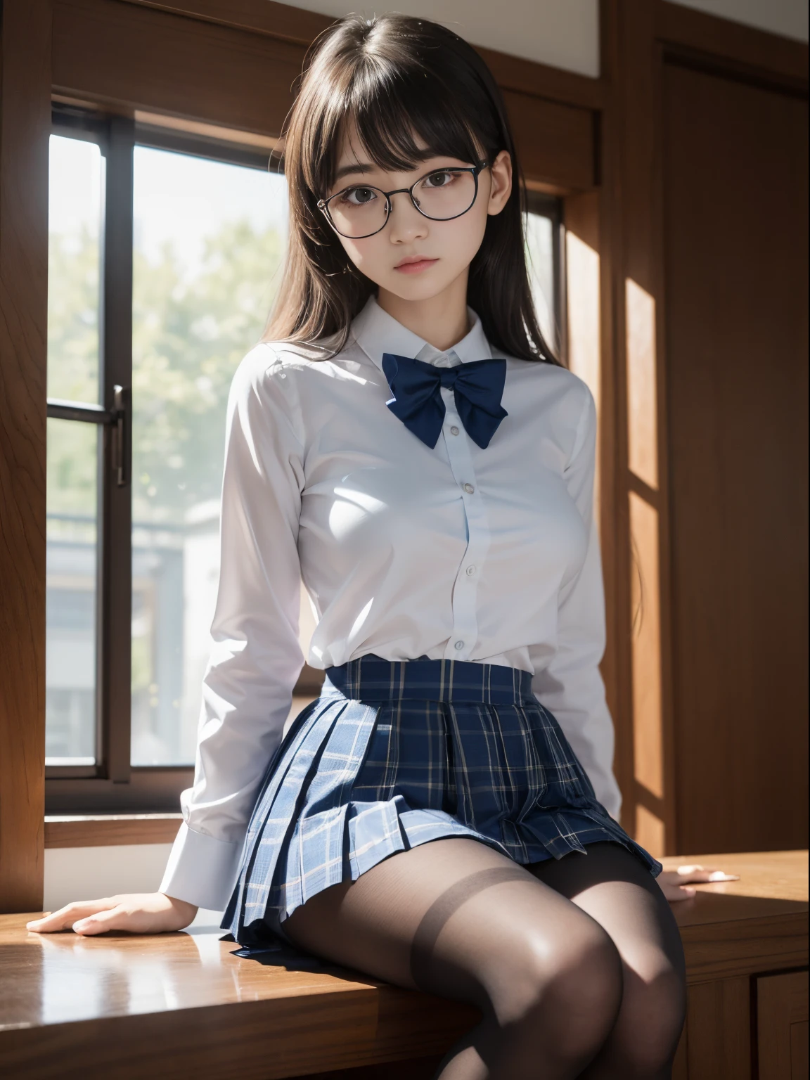 (Underwear is visible)、((Narrow-eyed))、((Narrow-eyed))、((Narrow-eyed))、(8K、Raw photography、top-quality、masterpiece:1.2),、Has a small、(flat breast)、(flat breast)、(flat breast)、(flat breast)、(flat breast)、(being thin)、light skinned、skin whitening、Dark look、Rasping,glamor,Chromo-white skin,cocky,School,watching at viewers,Looking at the front,Muchimuchi,High-pitched clothing,Erotic,Pupils,de pele branca,kne,((Black pantyhose)),absurderes,a small face,,Forehead visible,Bangs hanging from the left and right sides of the forehead,(a cold expression,Tight eyes,glares,Bullish,irate)、masterpiece,top-quality、超A high resolution,Raw photo,ren,Beautiful fece,One Person, 独奏,eye glass,,Dark look,Small breasts,fullllbody,Round glasses,JK school uniform,hi-school girl,A Japanese Lady,is standing,(Photorealsitic:1.37)、Photon mapping,Realistic、Beautie,Cute little face,Brown-eyed、Black socks、(Red bow tie)、Radio City、Physically Based Rendering、depth of fields、Blurry background、a picture,Body,beauty legs, Long legs, Thin leg,(Bangs are visible), hair, s lips, Blue_The eye, nosesoft,(Light blue shirt), (Navy and blue and white plaid pleated skirt), Knees are visible,Sheer clothing,, Thigh, Black cotton socks,Nogizaka Idol, 女優, Japanese ido