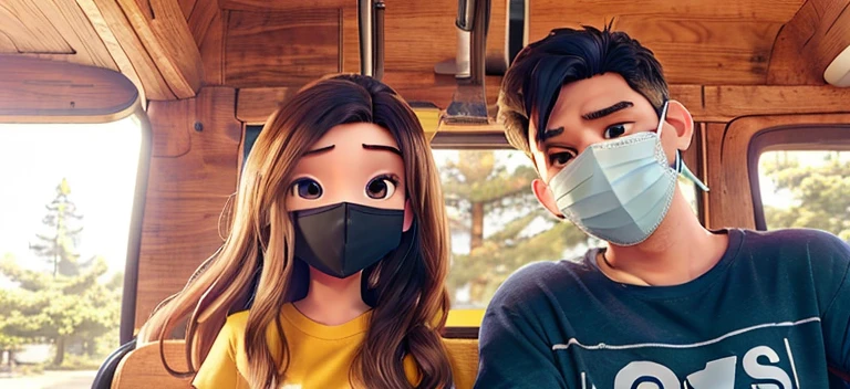 there are two people wearing masks standing next to each other, wearing mask, some of them use gask mask, couple, wearing facemask, lovely couple, wearing a mask, facebook post, with her long hair, people are wearing masks, viral post, mask. The girl is wearing a yellow t-shirt and the boy is wearing a black t-shirt