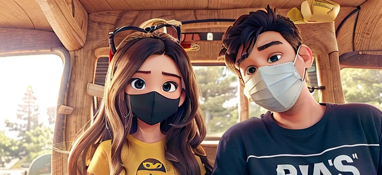 there are two people wearing masks standing next to each other, wearing mask, some of them use gask mask, couple, wearing facemask, lovely couple, wearing a mask, facebook post, with her long hair, people are wearing masks, viral post, mask. The girl is wearing a yellow t-shirt and the boy is wearing a black t-shirt