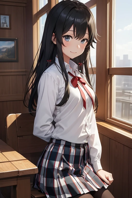 (masterpiece、top-quality: 1.2)、Cowboy Shots、独奏、One girl、Yukinoshita Yukino、A smile、a closed mouth、looking at viewert、student clothes、Black jacket、plaid skirts、Black pantyhose