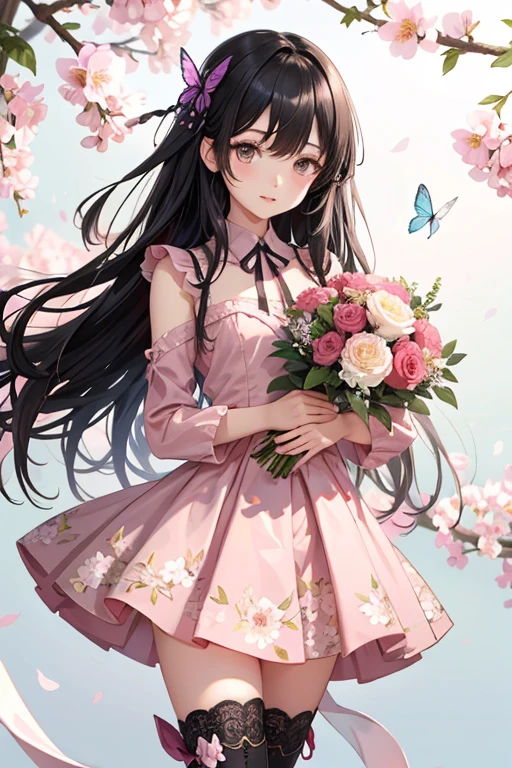 Her hair is flowers, intricate detailes, An ultra-fine illustrations, Beautifully painted, Whole body, Girls Front, curled false eyelashes, Clear eyes、Head tilt, neat figure, 1 girl, Young girls, Black Long Straight, Parted bangs, Beautiful and detailed rune tails, Detailed black hair, Cute anime face, embarrassed, lovely big eyes, Perfect hands, flat chest, zettai ryouiki, Brown-eyed, Hair and clothes are flowers,holding the bouquet with both hands, Neck ribbon, Beautiful detailed flowers, Dress with flowers, knee boots, Floral print cloth,frilld, Pink clothes,, Flying butterfly, hyper quality, Wallpaper 8k CG, best qualtiy,)