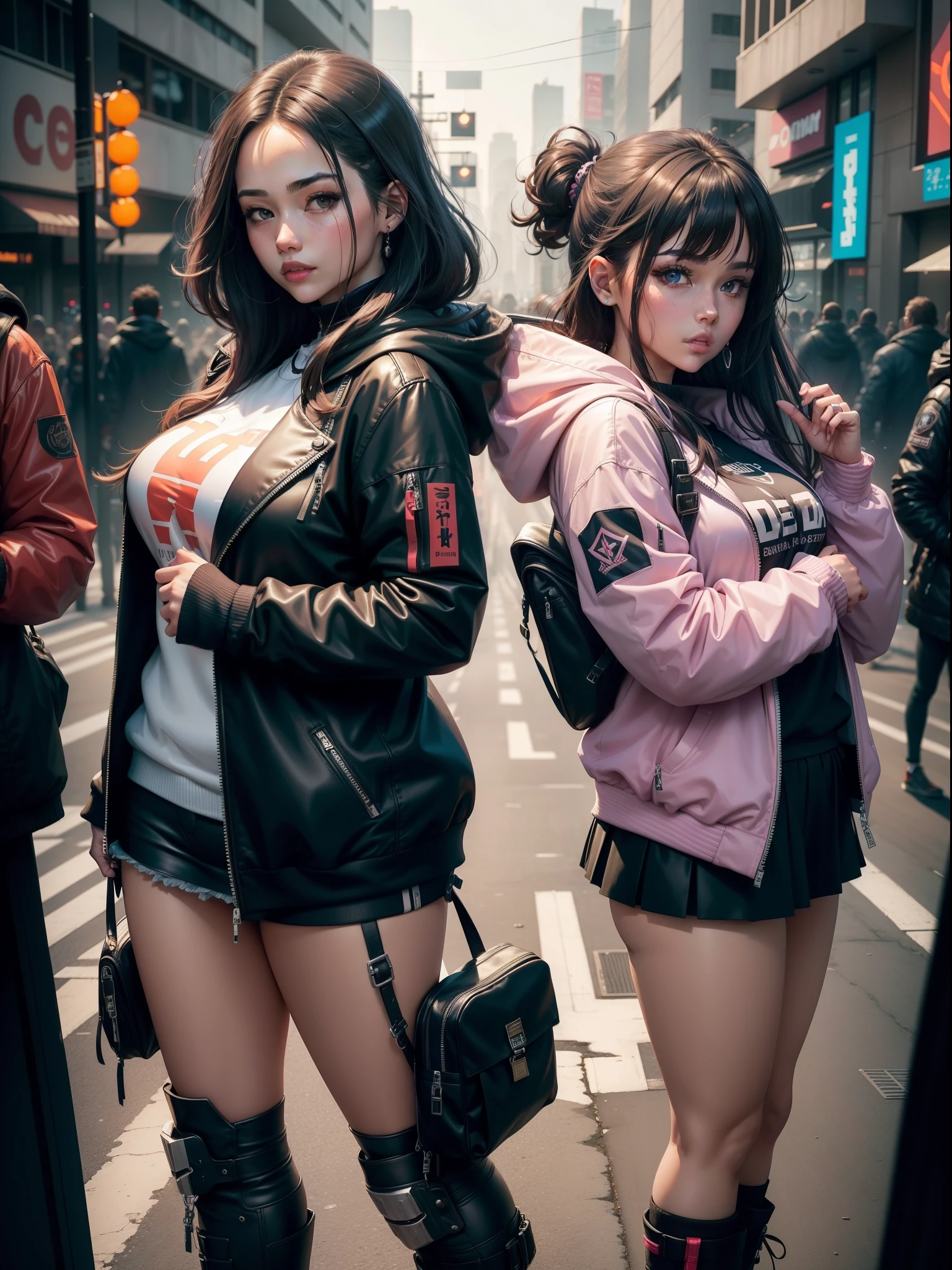 1 plump girl,jaket,Sateen,luring,hoody,Superskirt,Open jacket,backpacks,Look at each other,messy hair,Trends on Artstation,8K分辨率,The content is very detailed,Anatomically correct,Sharp Images,digitial painting,concept-art,Trends on pixiv,tmasterpiece, Best quality at best, In the cyberpunk city,