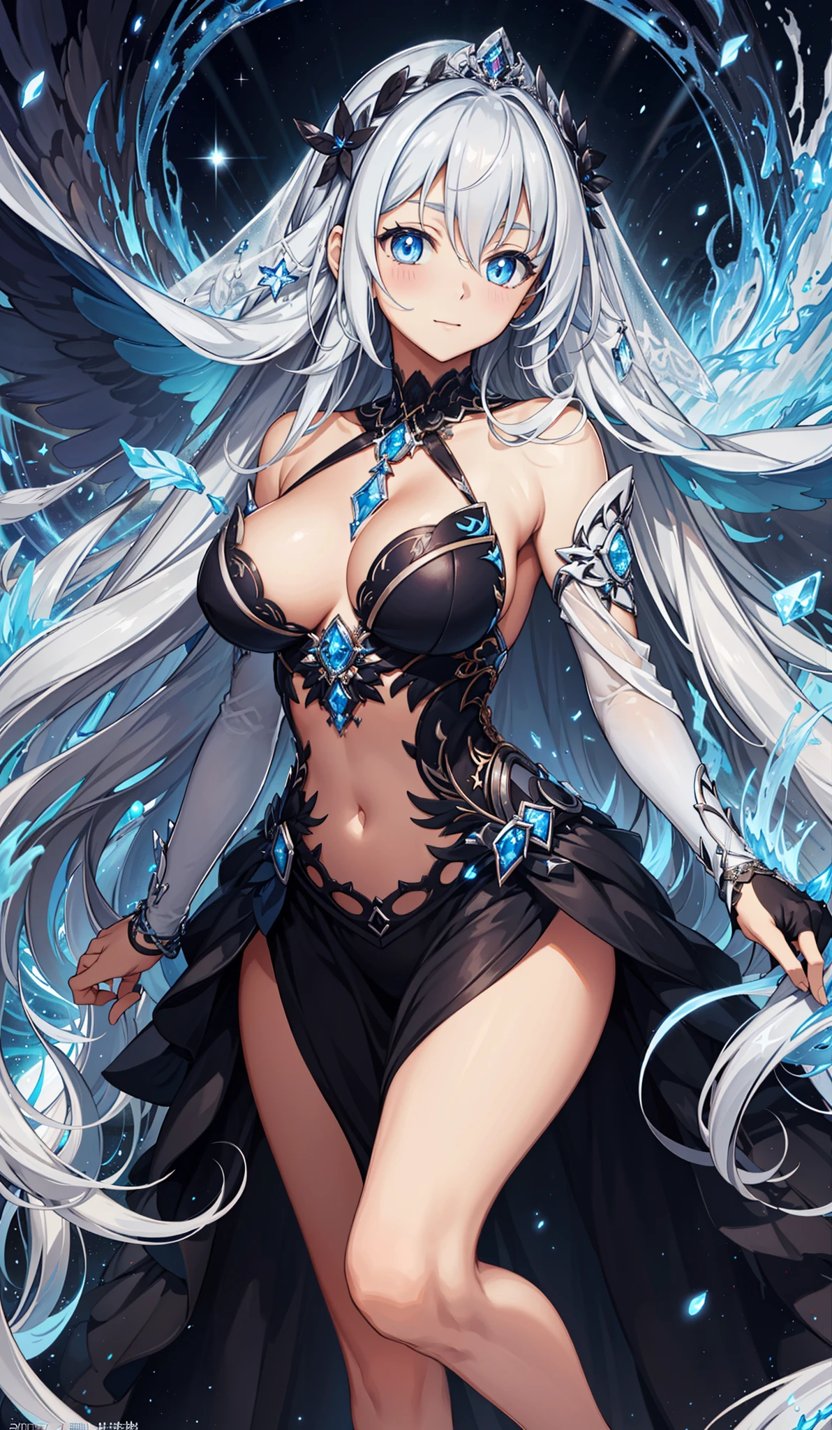 1 rapariga, (((ultra - detailed))), ((tmasterpiece)), ((illustratio)), Raised sexy, Starlight Virgin, Black gorgeous dress, Curved woman, Veil, sliver long hair, White skin of the,Starry eyes like the night sky, chest circumference, facing the front there,Minor redraw,exquisite and beautiful eyes