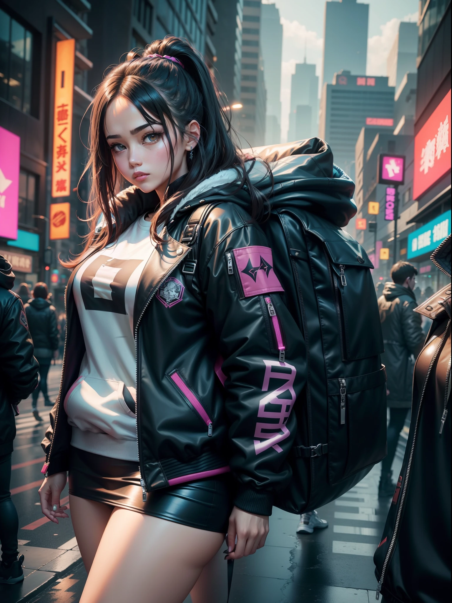 1 plump girl,jaket,Sateen,luring,hoody,Superskirt,Open jacket,backpacks,Look at each other,messy hair,Trends on Artstation,8K分辨率,The content is very detailed,Anatomically correct,Sharp Images,digitial painting,concept-art,Trends on pixiv,tmasterpiece, Best quality at best, In the cyberpunk city,