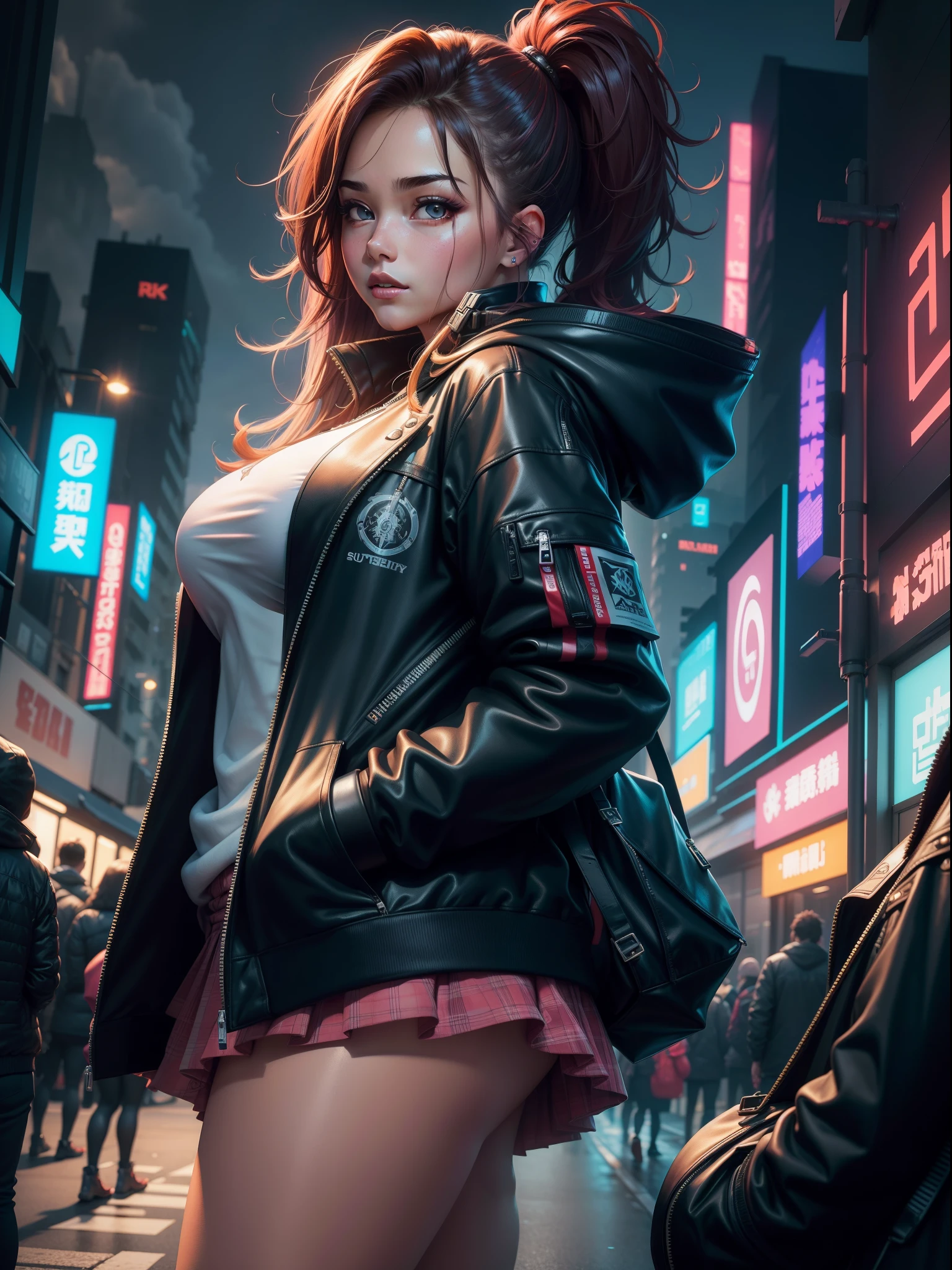 1 plump girl,jaket,Sateen,luring,hoody,Superskirt,Open jacket,backpacks,Look at each other,messy hair,Trends on Artstation,8K分辨率,The content is very detailed,Anatomically correct,Sharp Images,digitial painting,concept-art,Trends on pixiv,tmasterpiece, Best quality at best, In the cyberpunk city,