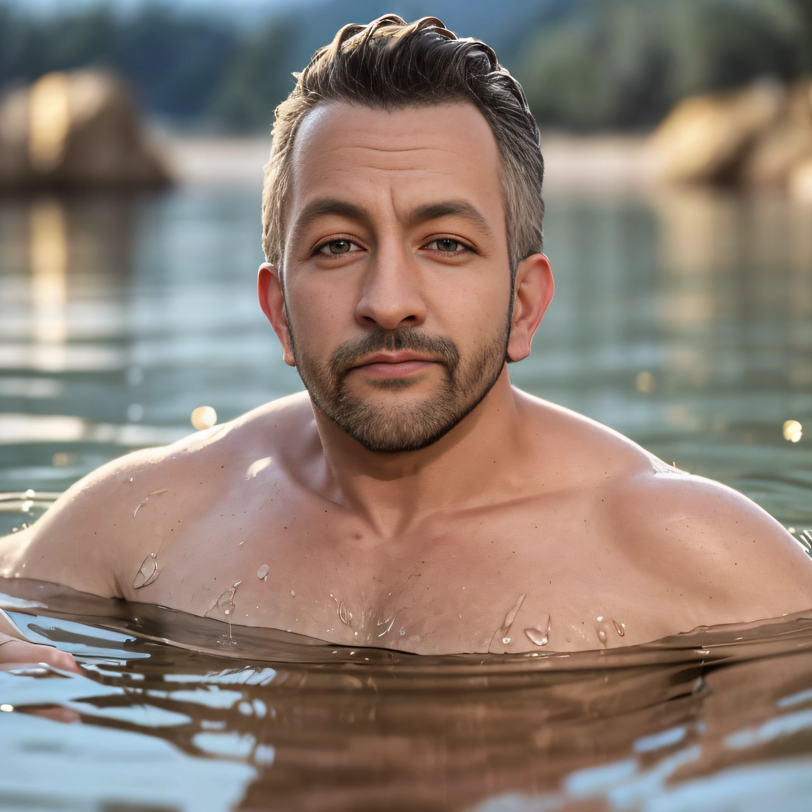 ultrahigh resolution, La mejor calidad, Cinematographer, 4k, (fotorrealista: 1.4), cinematic lighting, A handsome 42-year-old man bathing in a lake........, barba, brown eyes