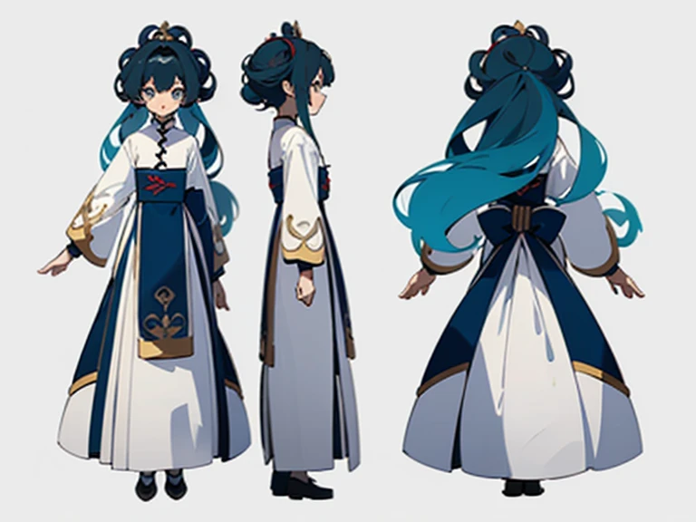((masterpiece)),(((best quality))),(character design sheet, same character, front, side, back), illustration, 1 girl, hair color, bangs, hairstyle fax, eyes, environment change scene, hairstyle fax, Zitai pose, woman, Shangyi shirt, star, Charturnbetalora, (single background, white background: 1.3), --6 different poses, kawai