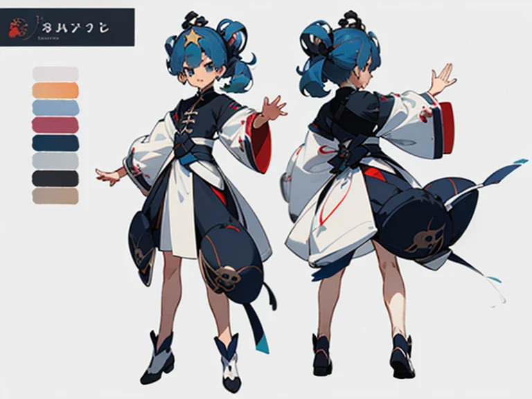 ((masterpiece)),(((best quality))),(character design sheet, same character, front, side, back), illustration, 1 girl, hair color, bangs, hairstyle fax, eyes, environment change scene, hairstyle fax, Zitai pose, woman, Shangyi shirt, star, Charturnbetalora, (single background, white background: 1.3), --6 different poses, kawai