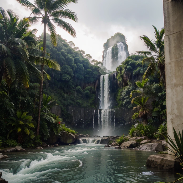 A rainy window outlooking many tall palm trees with a waterfall and river flowing through