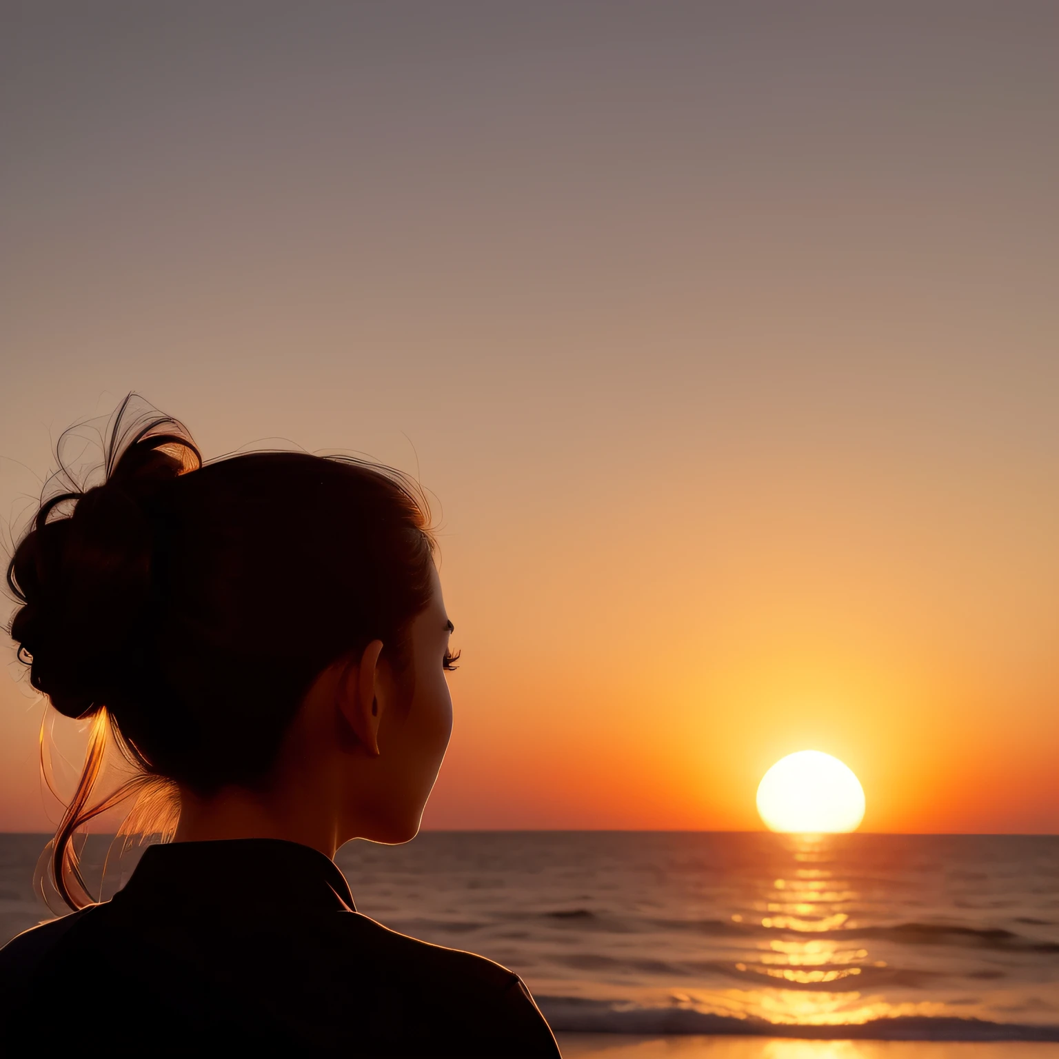 Silhouette of a woman with her hair tied up in a bun at sunset, woman silhouette, Female profile, silhuette, silhoutte, silhouette over sunset, Sunset glow around the head, Female profile, girl watching sunset, sunset halo behind her head, detailed silhouette, silhuette, In the sunset, The halo of the sunset falls around her head, backlit face、move the woman to the right