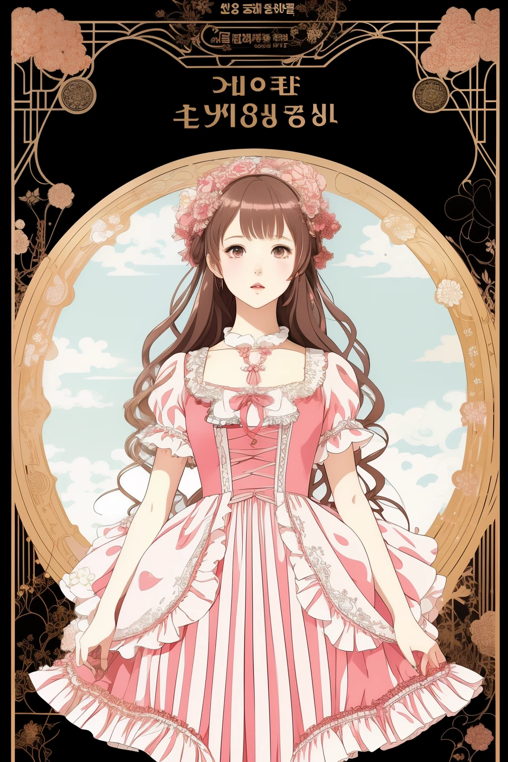 Anime girl in dress. Dynamic posture, print on the dress , Ruffles , frills, , ornate outfit,drawing of a girl in a dress with a fan, extremely fine ink lineart, Beautiful line art, line art!!, perfect lineart, Line Art Illustration,artbook artwork, anime art nouveau, loli in dress, in a whimsical exquisite dress, official artwork, careful drawing with fine ink, korean art nouveau anime, cute anime waifu in a nice dress, Anime cover, lolita fashion, aristocratic appearance, ,Lolita style, Dynamic posture, bright tones