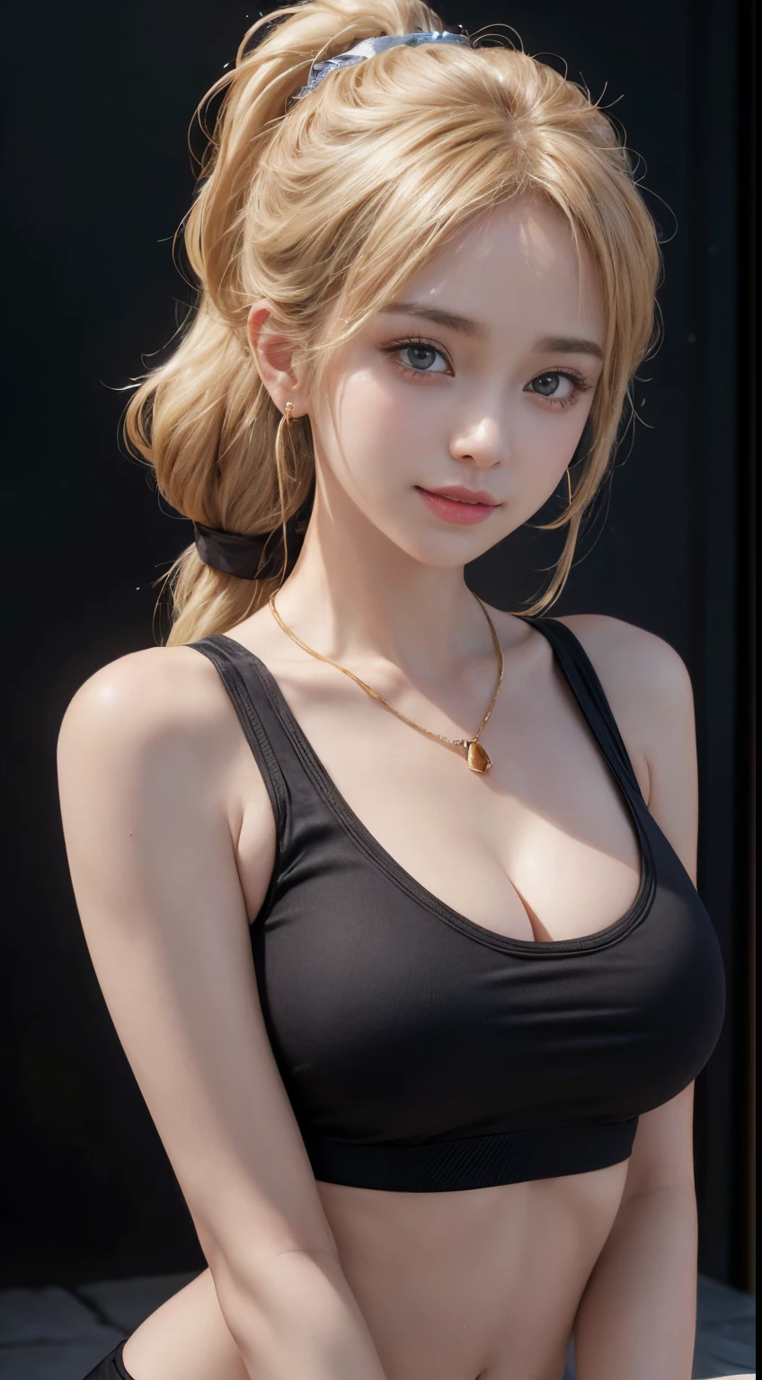 8K, masutepiece, Raw photo, Best Quality, Photorealistic, Highly detailed CG Unity 8k wallpaper, depth of fields, Professional Lighting, Ray tracing, (Extremely beautiful face, Beautiful lips, Beautiful eyes), intricate detail face, ((Ultra detailed skin)) 1girl in, deepshadow, Cute s, ((Looking at Viewer)), (seducting smile), (Blurry background), (large boob), earrings, Bracelets, Necklace, Clear eyes, black backgrounds, Front shot, (pale skin), Face forward, (Big eyes), (Camel toe), (Sportsbra), (golden hair ponytail),