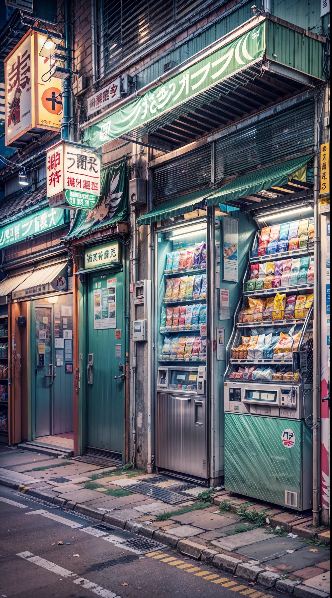 Anime background, empty, modern compact Japanese downtown street. anime, anime style. vending machines, trash cans, plant pots, drains, air vents, gutters, pipes, wires, big Japanese shop signs, retro Japanese shop banners. (no one :1), no one in sight. night time. best quality.