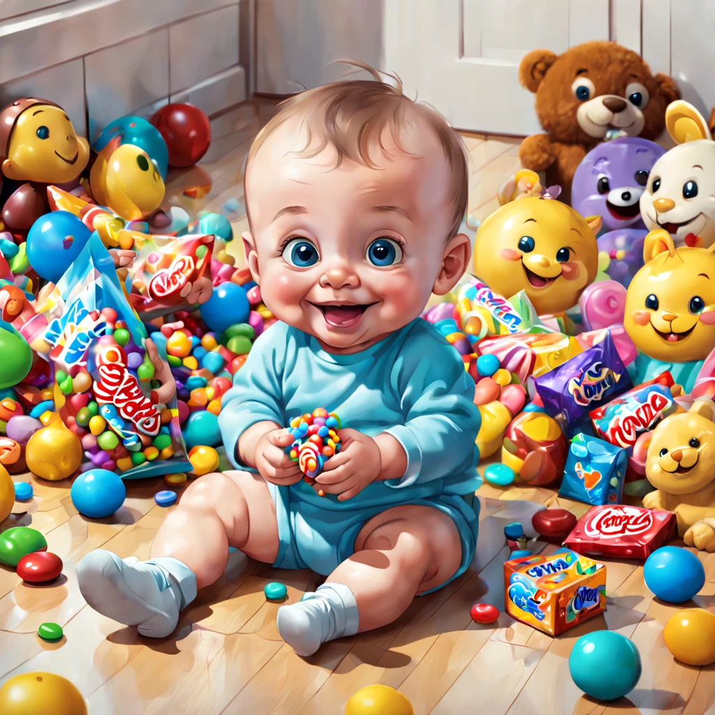 a cartoon sitting on a floor with happy face, and bunch of candy and toys in hands and around him