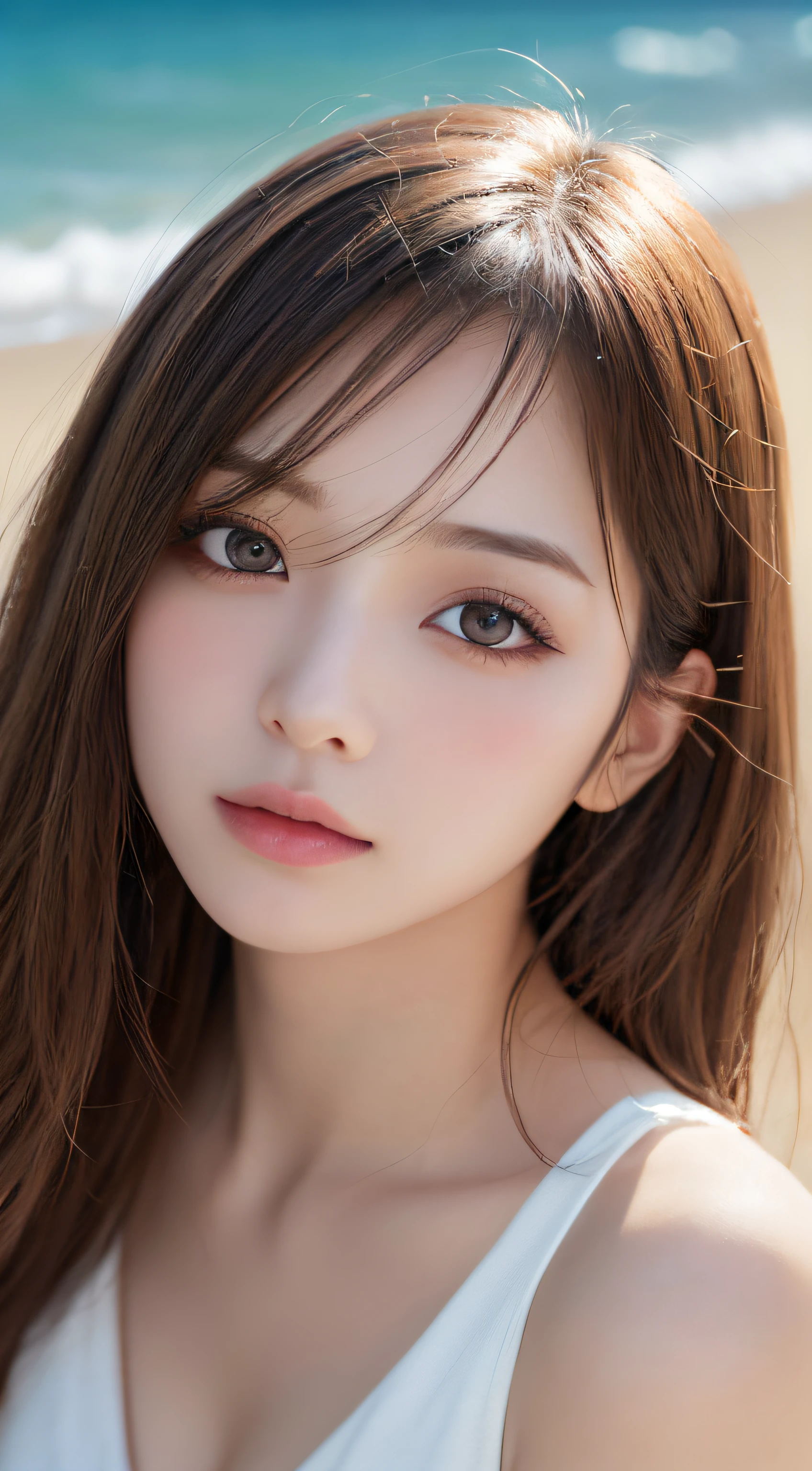 On the table, Best quality at best, illustratio, ultra - detailed, finely detailled, A high resolution, 8k wallpaper, Perfect dynamic composition, 美丽细致的眼睛 , sandbeach, sensual face,Sexually aroused face