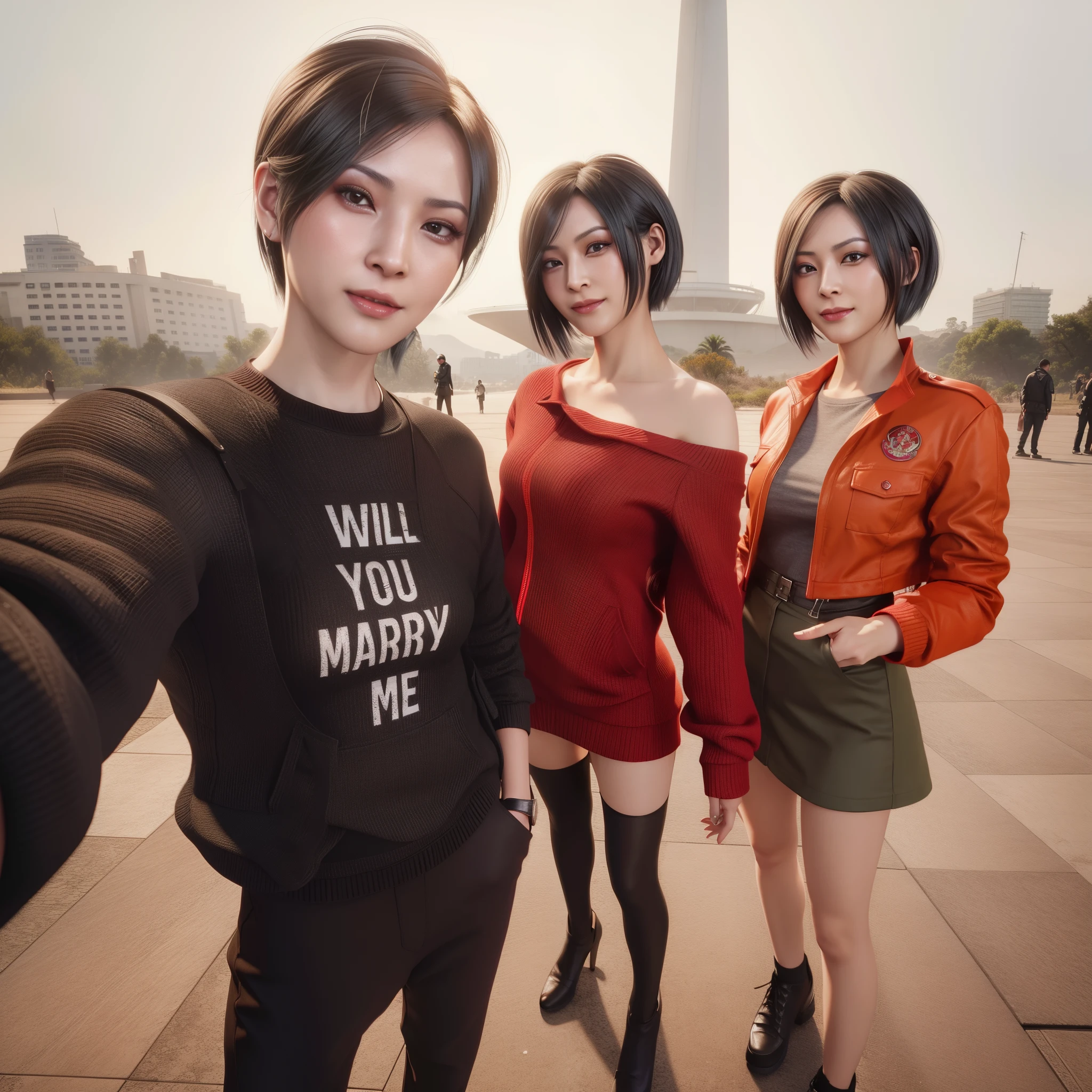 Ada wong, perfect face, adult woman, short bangs hair, wearing red jacket hoody, smile, happy expression