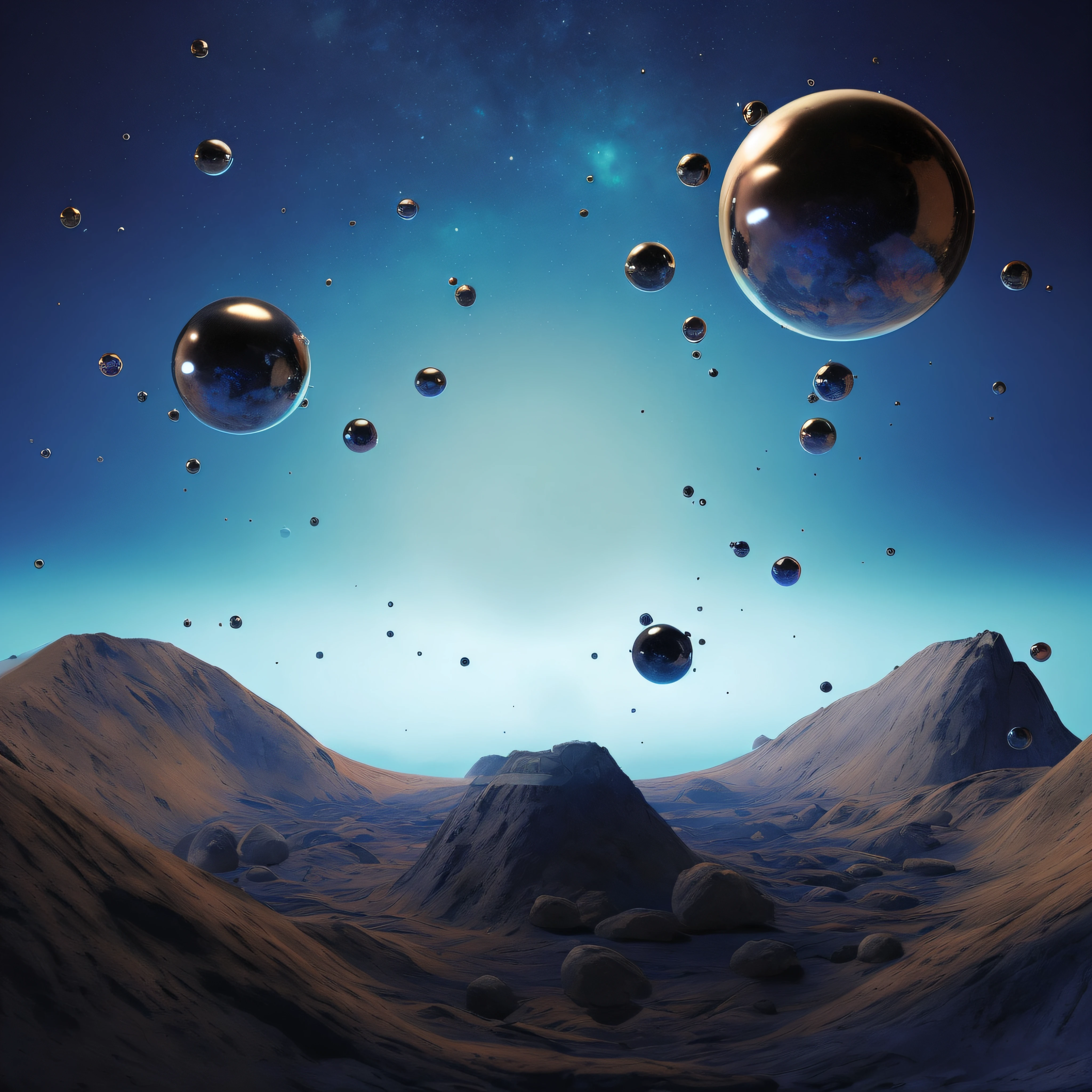 There are many bubbles floating on the mountain, Many floating spheres, planetarylandscape, floating planets, Dark blue spheres fly around, space molecules, Space landscape, strange scenery, floating spheres and shapes, Alien landscape, planetarylandscape, Outer space environment, wide angle scifi landscape, Sci-fi landscape, floating planets and moons, floating beside planets