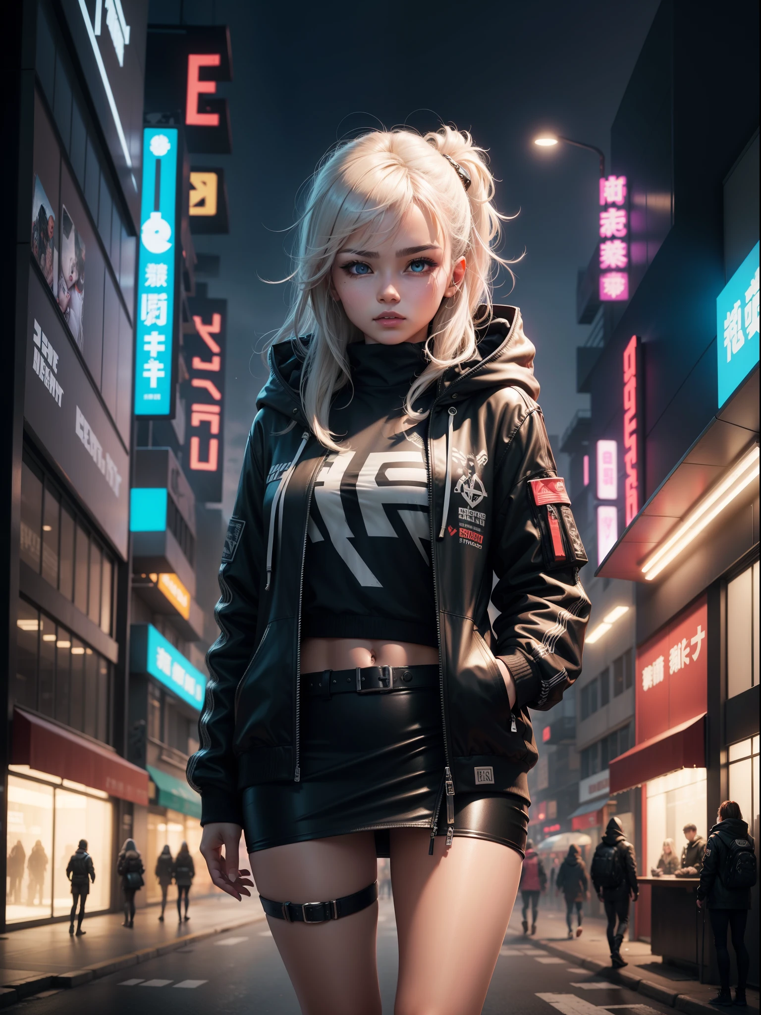 dance、Artistic jumps、bounce、break dance、Strenuous movements、Dynamic movement、Cyber City at Night、Blade Runner atmosphere、Steam is coming out of the exhaust port on the road surface、The road surface is wet、独奏、Fluttering hair、Beautuful Women、a small face、Turquoise eyes、abdominals、17 age、Bright smile、I have my mouth wide open、White teeth are visible、Fang teeth、(asymmetrical bangs、blond Long Hair、Hair over one eye、disheveled hair)、(Jersey pants、White Sports Bra、Down jacket、parka、Finger Gloves、white sneaker)、(Fine fingers、detailed arms、Human Hands)、(Detailed face) 、(8K、top-quality: 1.4、masterpiece、 The ultra -The high-definition、 Top resolution,、ighly detailed、 profetional lighting、 Gray Light Lighting、Low angle from below、Blowing steam into the landscape、Fog in the landscape、Foggy、Detailed street view illuminated by neon lights (Cyberpunk:1.4) Big city、Towering Buildings、wet street surface、futuristic technology、nffsw (High dynamic range)、Ray tracing、