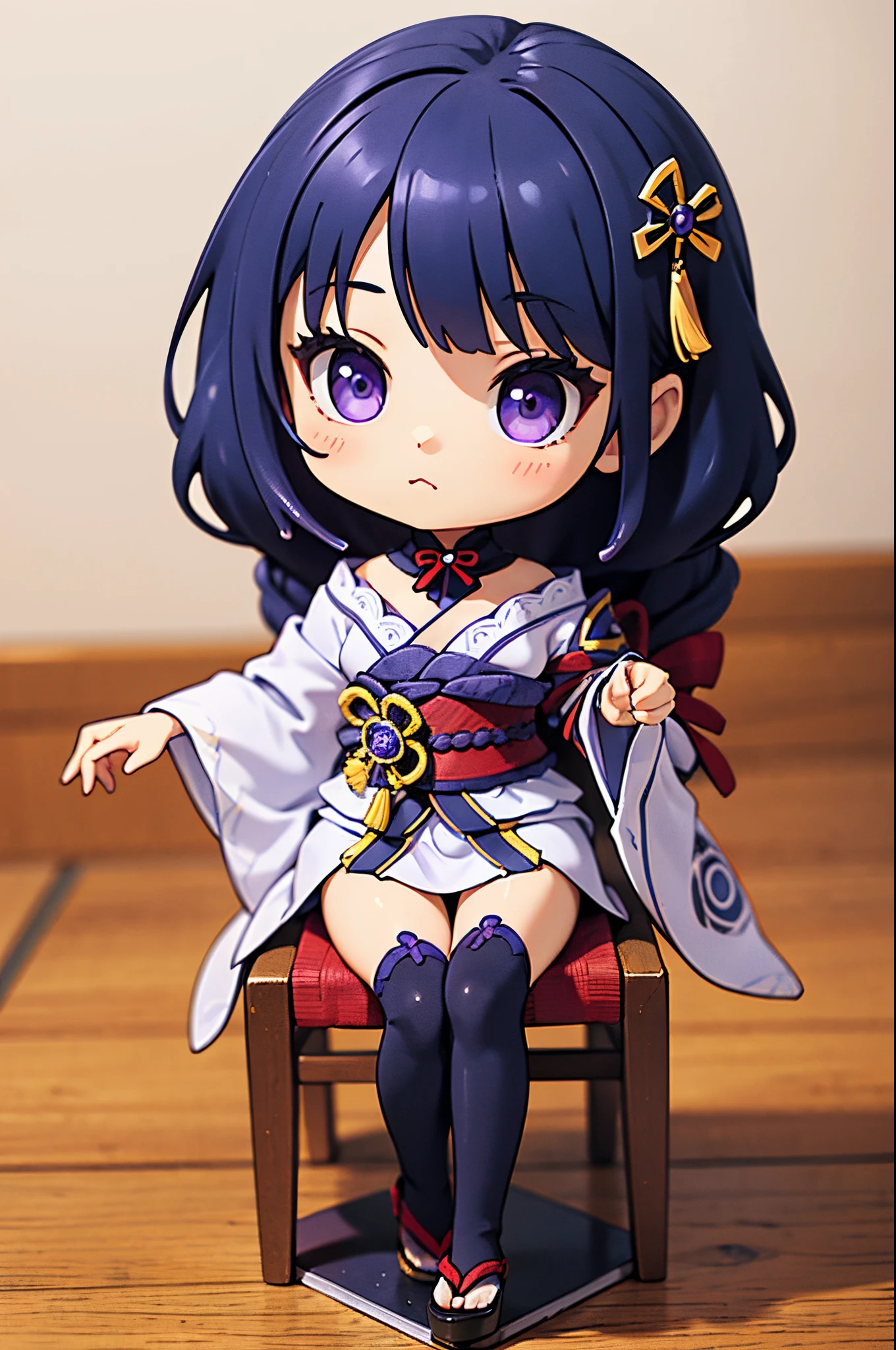 Tiny girl, raiden shogun, kawaii, (tiny figure:1.5), sitting on a chair, anime