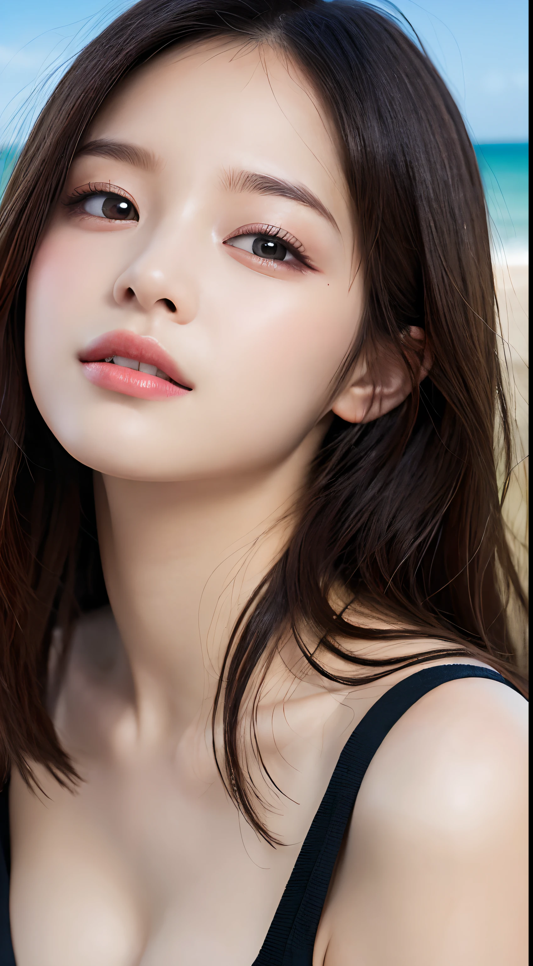 On the table, Best quality at best, illustratio, ultra - detailed, finely detailled, A high resolution, 8k wallpaper, Perfect dynamic composition, 美丽细致的眼睛 , sandbeach, sensual face,There is a feeling of ecstasy on the face