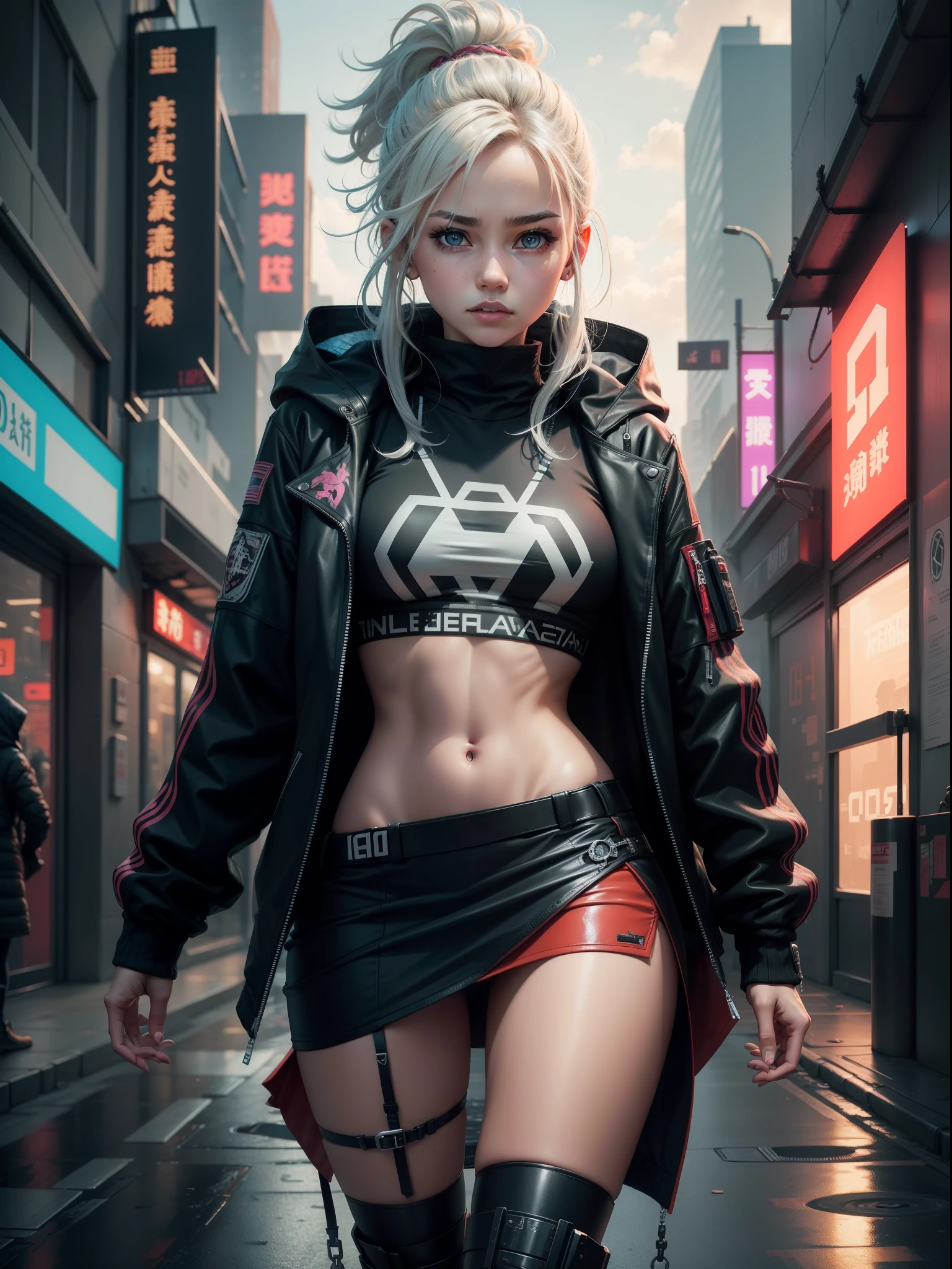 1 rapariga，jaket，Sateen，luring，hoody，Superskirt，Open jacket，messy  hair，Trends on Artstation，8K分辨率，The content is very detailed，Anatomically correct，Sharp Images，digitial painting，concept-art，Trends on pixiv，tmasterpiece, Best quality, In the cyberpunk city，