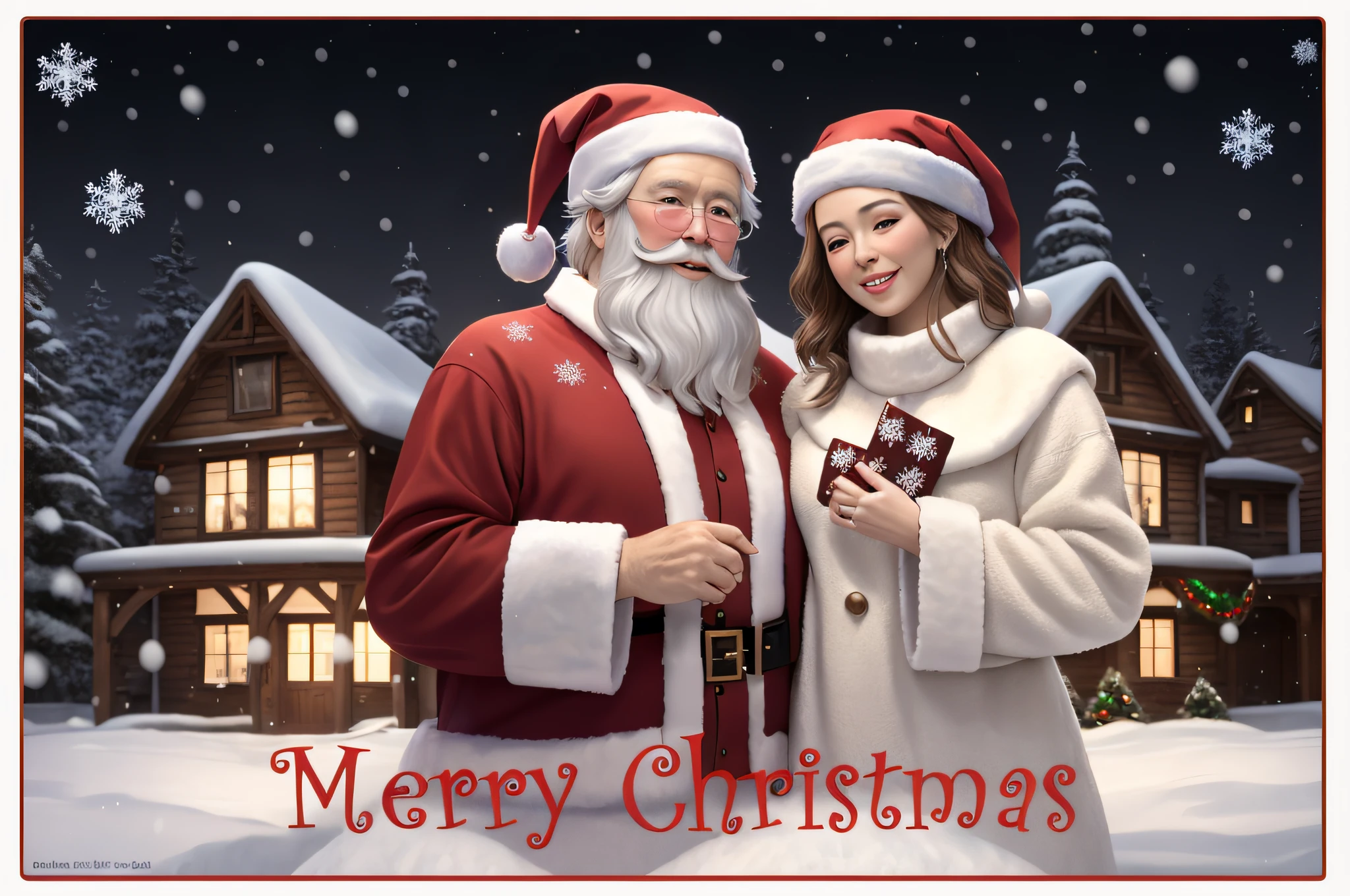 Christmas card with Santa Claus close up, merry, Christmas, holiday, Christmas tree next to Santa Claus, A house in the background, decorated with Christmas garlands, winter, snowing,  with a blunt brown border, with text, Card template, f / 3, card, Happy!!!, f/2, f / 2, wide image, Merry England, ƒ/3.5, ƒ / 3. 5, f/9