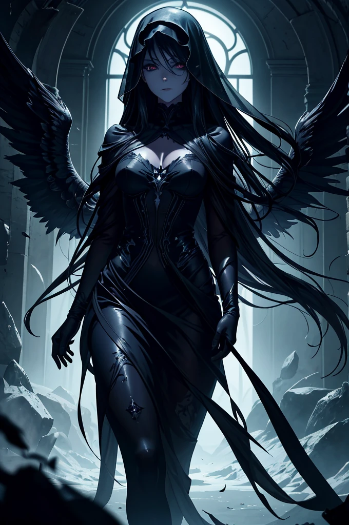 arafed woman with a mask and wings in a dark room, dark angel, villainess has black angel wings, dark feathered wings, black wings, masked, angel with black wings, as a mystical valkyrie, wearing winged helmet, medieval dark fantasy, black angel wings, dark fantasy esoteric, raven mask, dark fantasy style, greek dark ritual myth