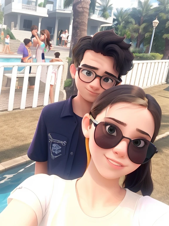 there are two people standing next to each other on the side of swimming pool. in love selfie,  couple, lovely couple,  selfie photo, selfie,  selfie shot straight on angle. The girl is wearing ang shades. The girl is wearing a purple shirt while the boy is wearing a plain black t-shirt