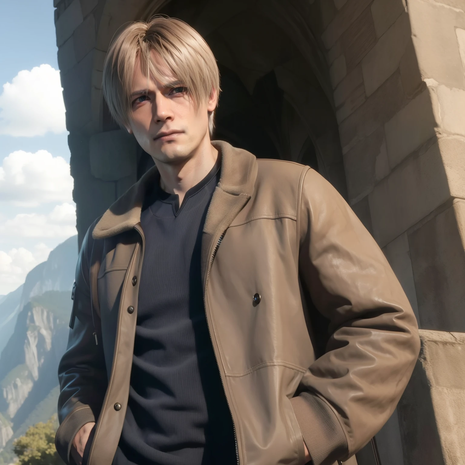 leon scott kennedy,perfect face, adult old man, short bangs hair, wearing jacket hoody, little smile, standing at the national park