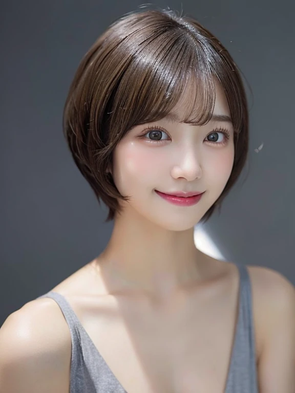 1girl in、real looking skin、(short-hair:1.1)、Very short shorthair、(Photorealsitic:1.1)、Beautuful Women、Less revealing clothing、Beauty Salon、Gray background、A slight smil