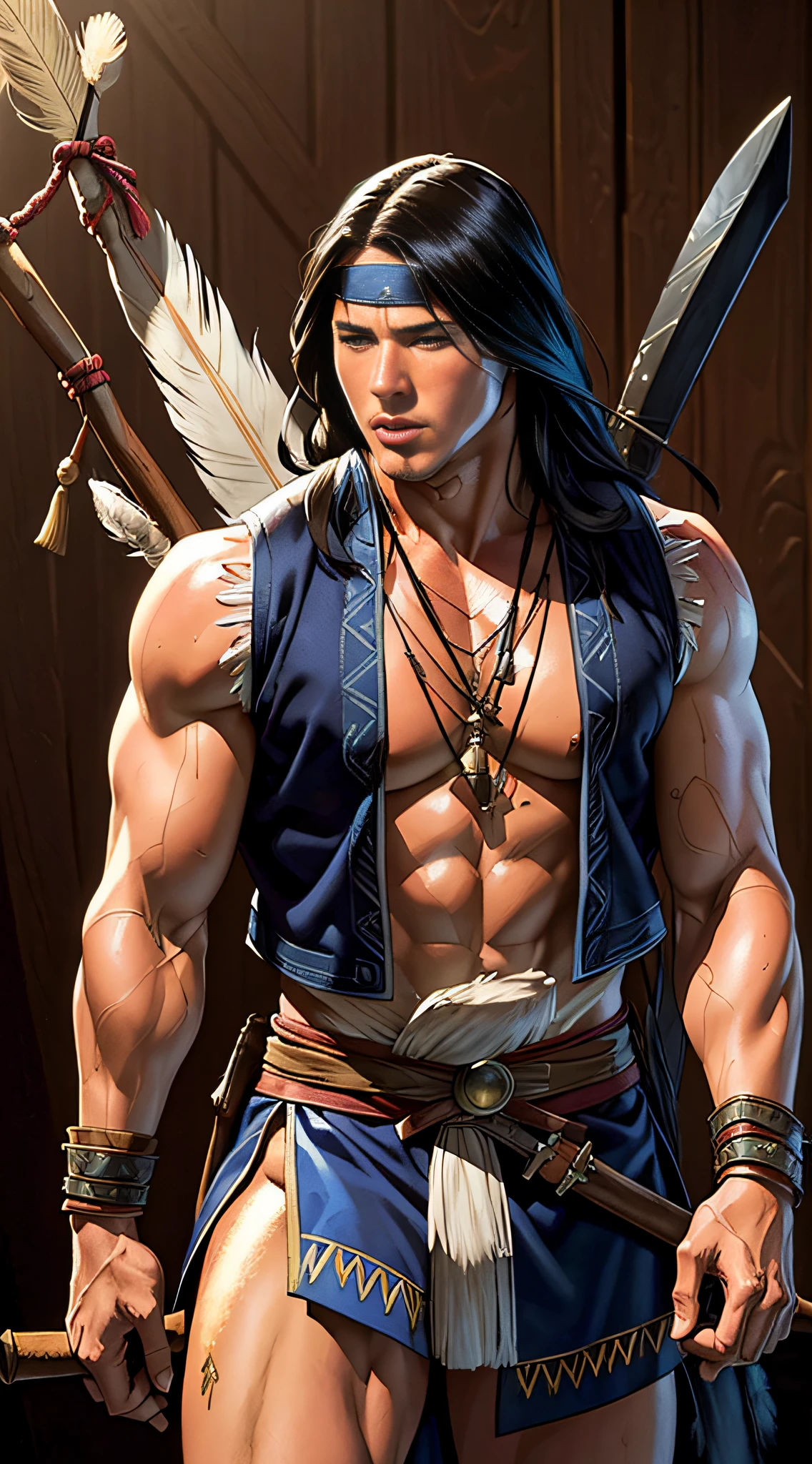 actor ((Channing Tatum)) as Nightwolf from Mortal Kombat, wields tomahawk, black long hair, wears traditional Native American attire, headdress adorned with feathers, blue waistcoat, loincloth, decorative accessories, elements of animal hides, tribal patterns, spiritual symbols, intricate, high detail, sharp focus, dramatic, photorealistic painting art by greg rutkowski