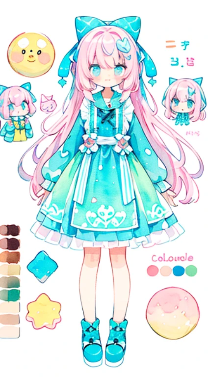 petite girl, Type sheet, Character Sheets, Three types,Shot Full Body,Game Character Design,(Color: pastel colors: 1.5), (cute illustration: 1.5), (watercolour: 1.2), Pink background, Girl, full - body, Smile, pale pink, My, Marble, Colorful, Bubbles, bubble, rainbow, invincible, idol, light particles, Ichibana star, Love, scarecrow, macaroon, microphone, Cowboy shot, , Sleeves, Trimmed with ribbons,Detailed Face, pink hair, green color