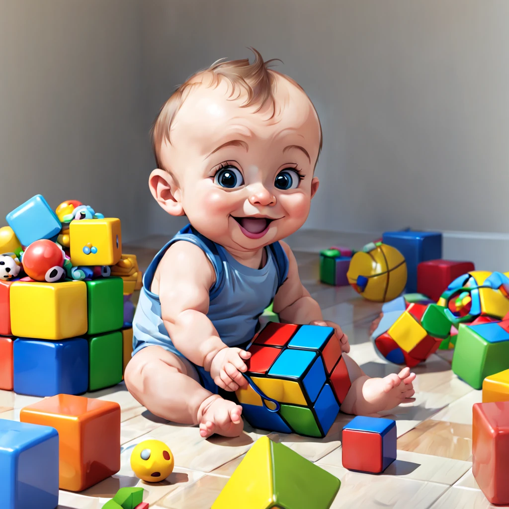 a cartoon  sitting on a floor with happy face, and Rubik's Cube in hands and bunch of toys around him