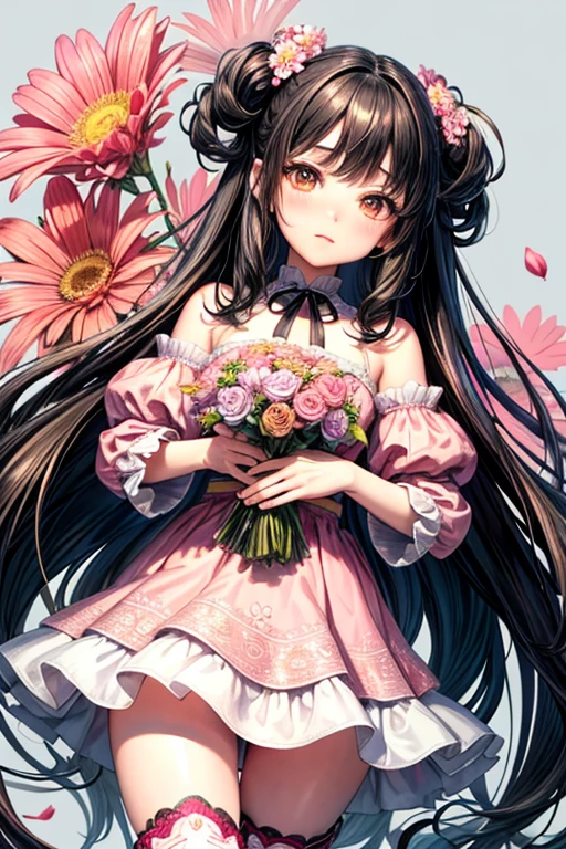 Her hair is flowers, intricate detailes, An ultra-fine illustrations, Beautifully painted, Whole body, Girls Front, curled false eyelashes, Clear eyes、Head tilt, neat figure, 1 girl, Young girls, Black Long Straight, Parted bangs, Beautiful and detailed rune tails, Detailed black hair, Cute anime face, embarrassed, lovely big eyes, Perfect hands, flat chest, zettai ryouiki, Brown-eyed, Hair and clothes are flowers,holding the bouquet with both hands, Neck ribbon, Beautiful detailed flowers, Dress with flowers, knee boots, Floral print cloth,frilld, Pink clothes background is full of flowers, hyper quality, Wallpaper 8k CG, best qualtiy,)
