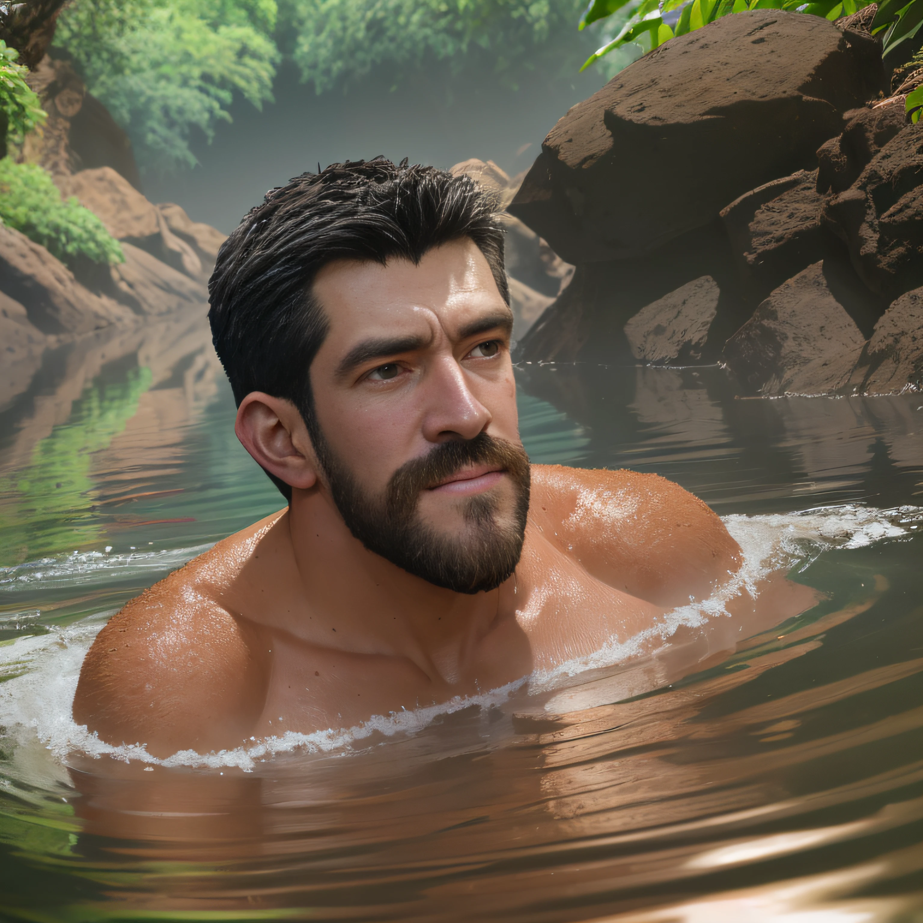 ultrahigh resolution, La mejor calidad, Cinematographer, 4k, (fotorrealista: 1.4), cinematic lighting, A handsome 38-year-old man bathing in a river.., barba, brown eyes