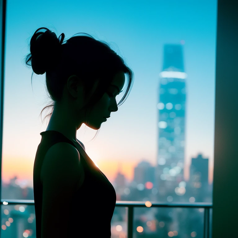 Silhouette of a woman with her hair tied up in a bun in the night city, woman silhouette, Female profile, silhuette, silhoutte, Silhouette of the city, Neon lights shine around your head, Female profile, girl looking at the city, sunset halo behind her head, detailed silhouette, silhuette, Neon light falls around her head, backlit face、move the woman to the right