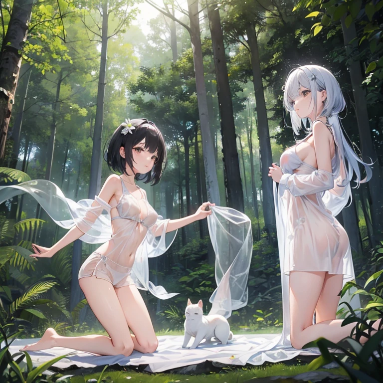 Three beauties，In the forest，Panic，small animal attack，All with bare legs，Forgot to wear shoes，Lateral face，Full transparent pajamas，vivaciousness，There are holes in the clothes，Kneeling pose，Show the back，Colossal tits