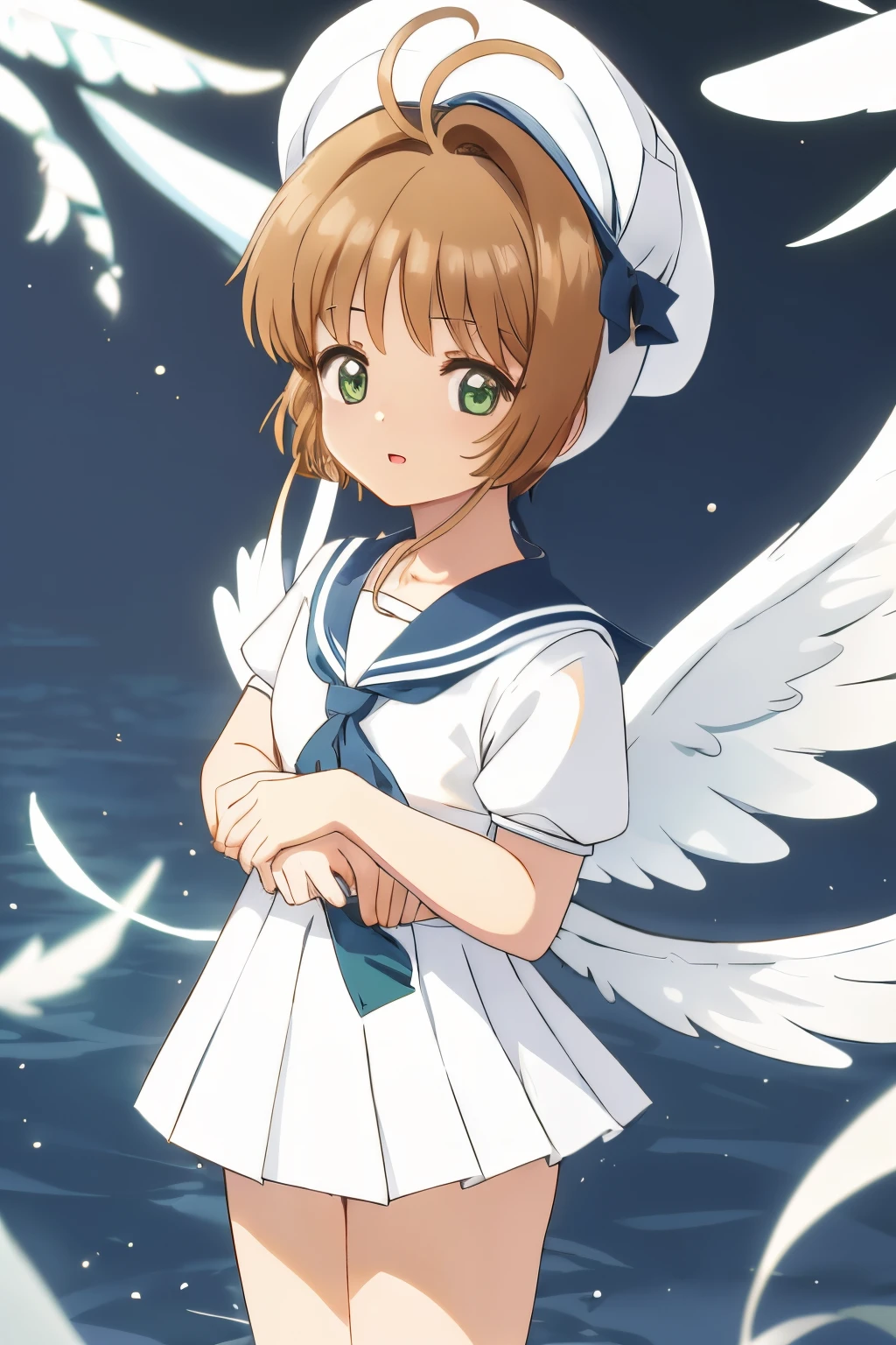 masuter piece, Best Quality, 超A high resolution, top-quality, Anime style, The best lighting, Beautiful face, kinomoto sakura, 1girl in, light brown hair, Short hair, Antenna Hair, White beret, Green eyes, frilld, (White sailor suit:1.4), blue line of sailor suit, (Dark blue pleated skirt:1.4), Puffy Short Sleeves, Red bow, white thighhig, Wings, Background in front of the station, Kero-chan, There are small white feathers on the back