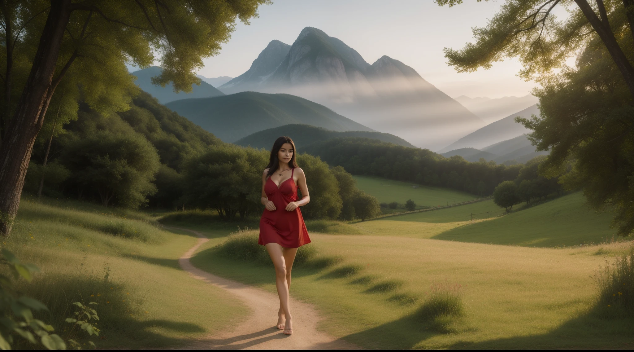 ((a girl (stand:1.2) (alone:1.6) on the road)),((full-body:1.2, cinematic-shot)),(best quality,4k,8k,highres,masterpiece:1.2),ultra-detailed,(realistic,photorealistic,photo-realistic:1.37),(beautiful and aesthetic:1.2),(film grain:1.3).

[(1girl),(solo),((1 person)),(19years-old),[Raiana-Elizabeth-Dilla],pearl skin,(skin pores:1.1),beautiful detailed eyes,beautiful detailed lips,extremely detailed eyes,longeyelashes,extremely detailed face and skin texture,(skin texture:1.1),black hair,tall and slender body,(192cm tall),thin and delicate figure,graceful posture,flawless skin,defined abs,perfect curves,feminine appearance,beautiful long legs,embodying elegance and beauty,(cleavage breasts,large breasts:1.4),((wearing a sexy ((ultra-short (red) bohemian-style mini-shirt-dress)):1.4),extremely detailed and realistic (red) clothes,(shiny skin),((sharp focus:1.5)),(earringeathers:1.5),(happy expression,full smile)].

[country road,beautiful nature scenery,rustic wooden fences and gates,green rolling hills,farmland,peaceful atmosphere,rays of golden sunlight filtering through trees,fluffy white clouds in a clear blue sky,quaint little farmhouse,fields of vibrant wildflowers,serene and tranquil setting,soft warm color palette,soft natural lighting,gentle breeze rustling the leaves,happy birds chirping,scenic landscape painting,homely and idyllic,postcard-worthy view,calm and inviting ambiance,fresh country air,leisurely stroll,escape from the city,happiness and contentment.].

Official art,extremely detailed,Angelic ethereal beauty,award-winning photography,professional photography,depth-of-field.