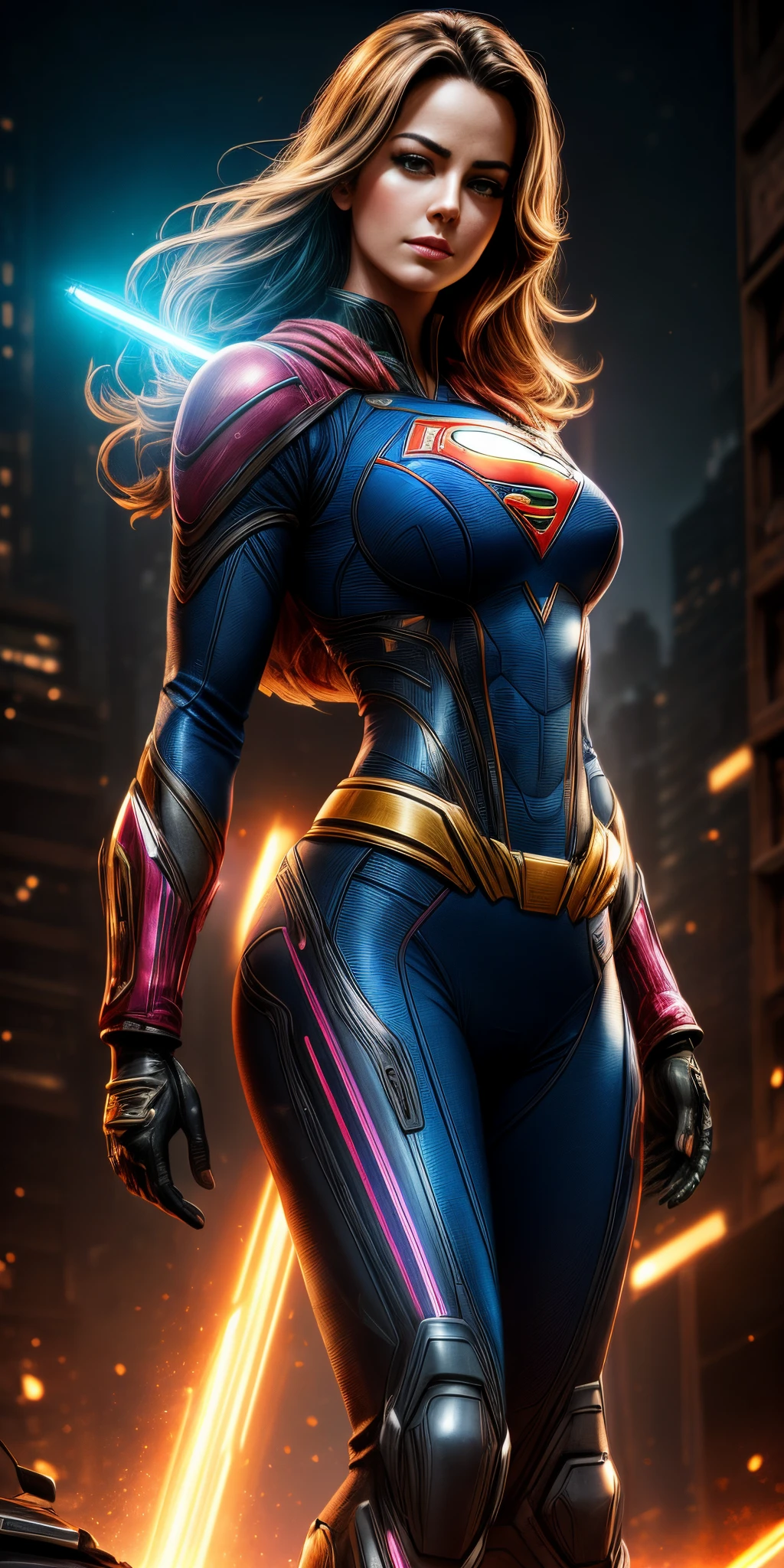 midshot, cel-shading style, centered image, ultra detailed illustration of Erica Durance, (tetradic colors), full body, inkpunk, ink lines, light particles, strong outlines, art by MSchiffer, bold traces, parted lips, Minimum tight Supergirl swinsuit , Cyberpunk, g、pele brilhante, ((Detalhes super realistas))、portlate、global ilumination、sombra、Octane Representation、8k、ultrasharp、Luz de borda de caractere, Seios grandes, big booty、Raw skin is exposed on the neckline、Apocalyptic City of Fire, Detalhes de ornamentos complexos、Transparent acrylic parts cover、Sumer Detailed Hydraulic Cylinders、small LED lamp、Detalhes muito intrincados、Luz realista、um olho purpura、olhos radiantes、in front of camera、Neon details, Cyberpunk ,mais alta qualidade、obra prima、超A high resolution、(fotorrealista:1.4)、Foto RAW